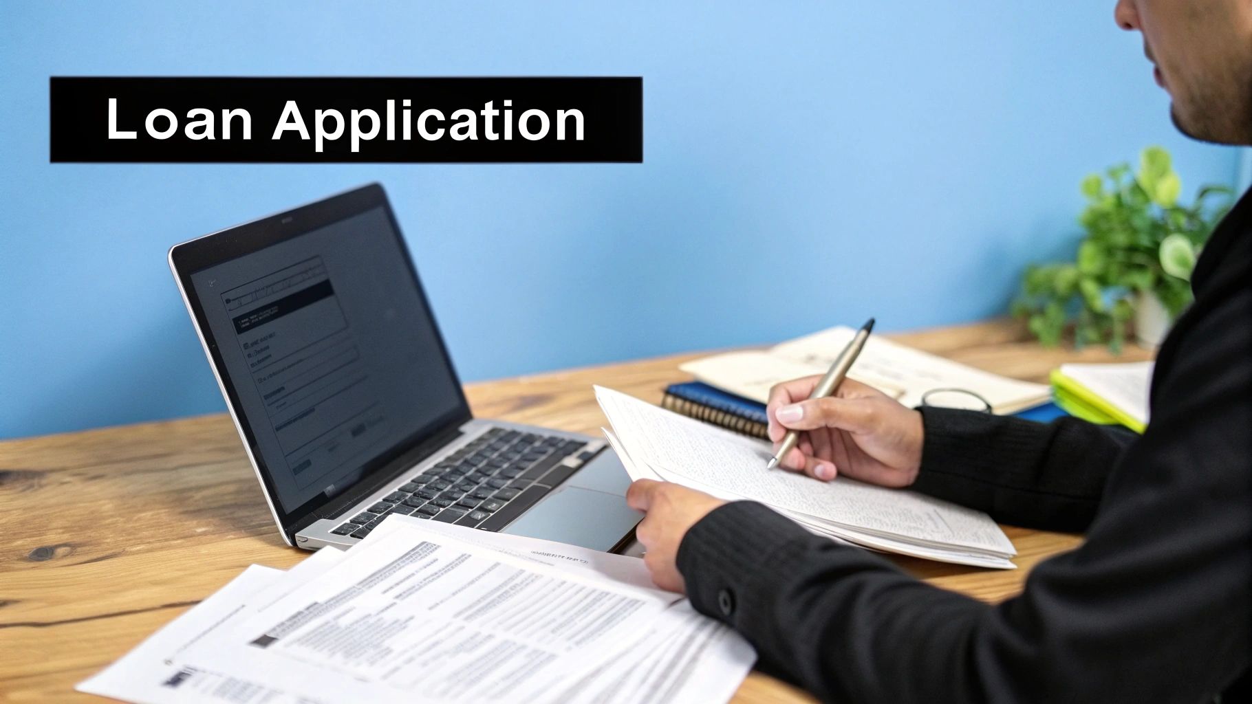 A person signing loan application documents at a desk with a camper visible in the background.