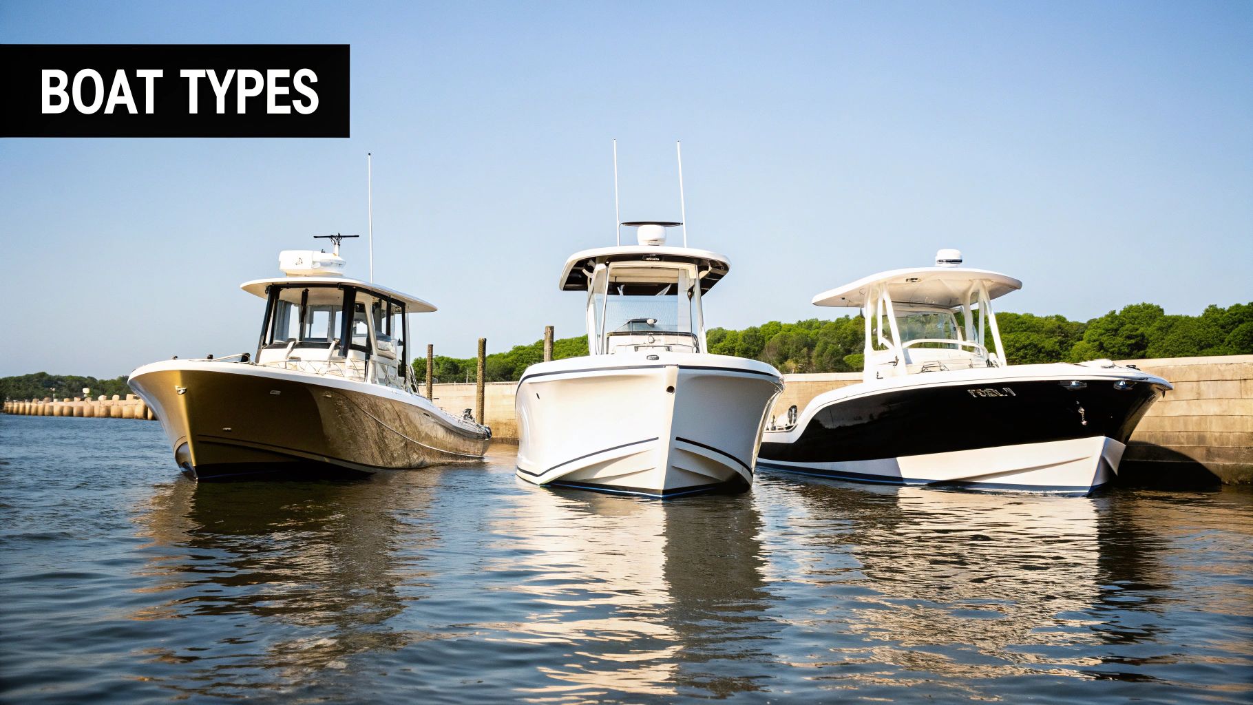 A group of different center console boats docked at a marina