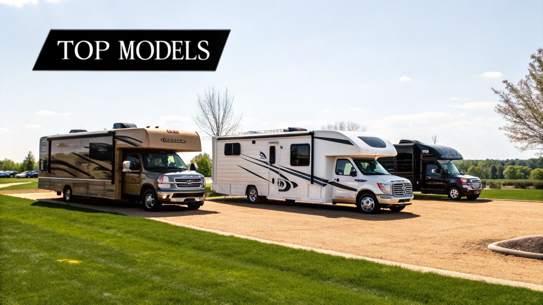 A luxurious Class A motorhome parked in a scenic mountain location at sunset.
