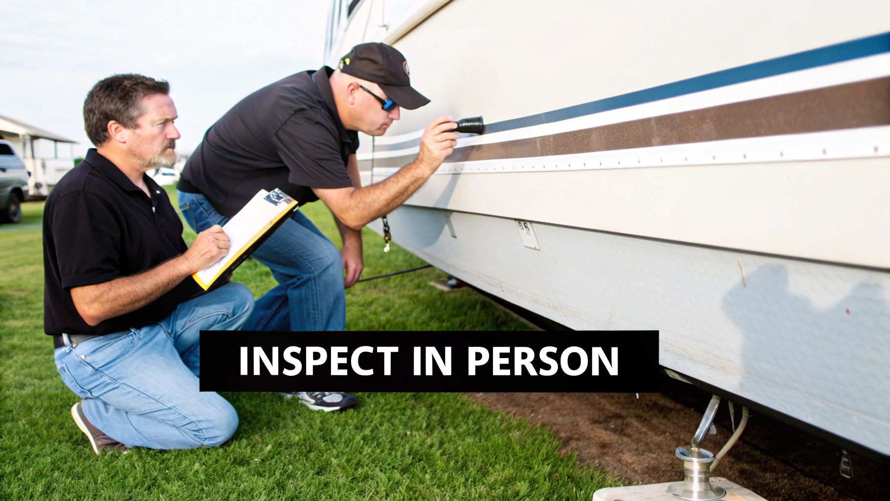 A person inspecting the hull of a boat that is out of the water