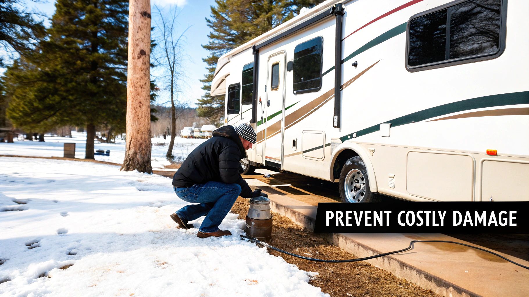 A motorhome parked in a snowy landscape, highlighting the need for winterization.
