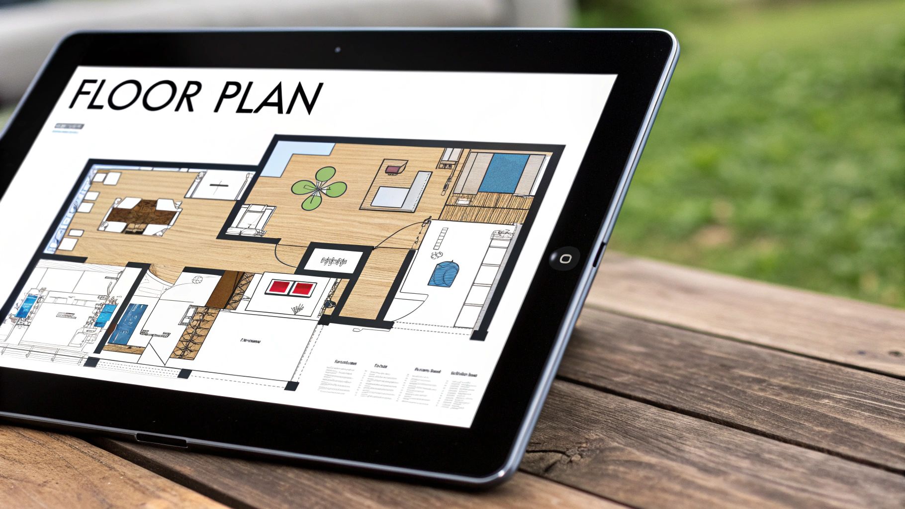 RV floor plan blueprint with family silhouettes superimposed