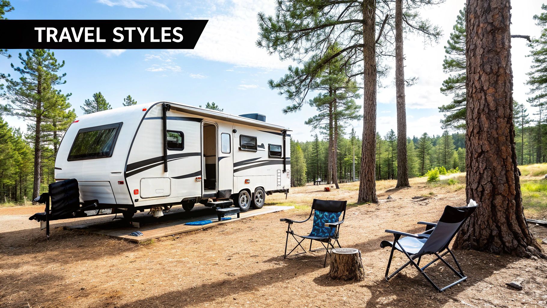 A family enjoying a campfire in front of their travel trailer at dusk.