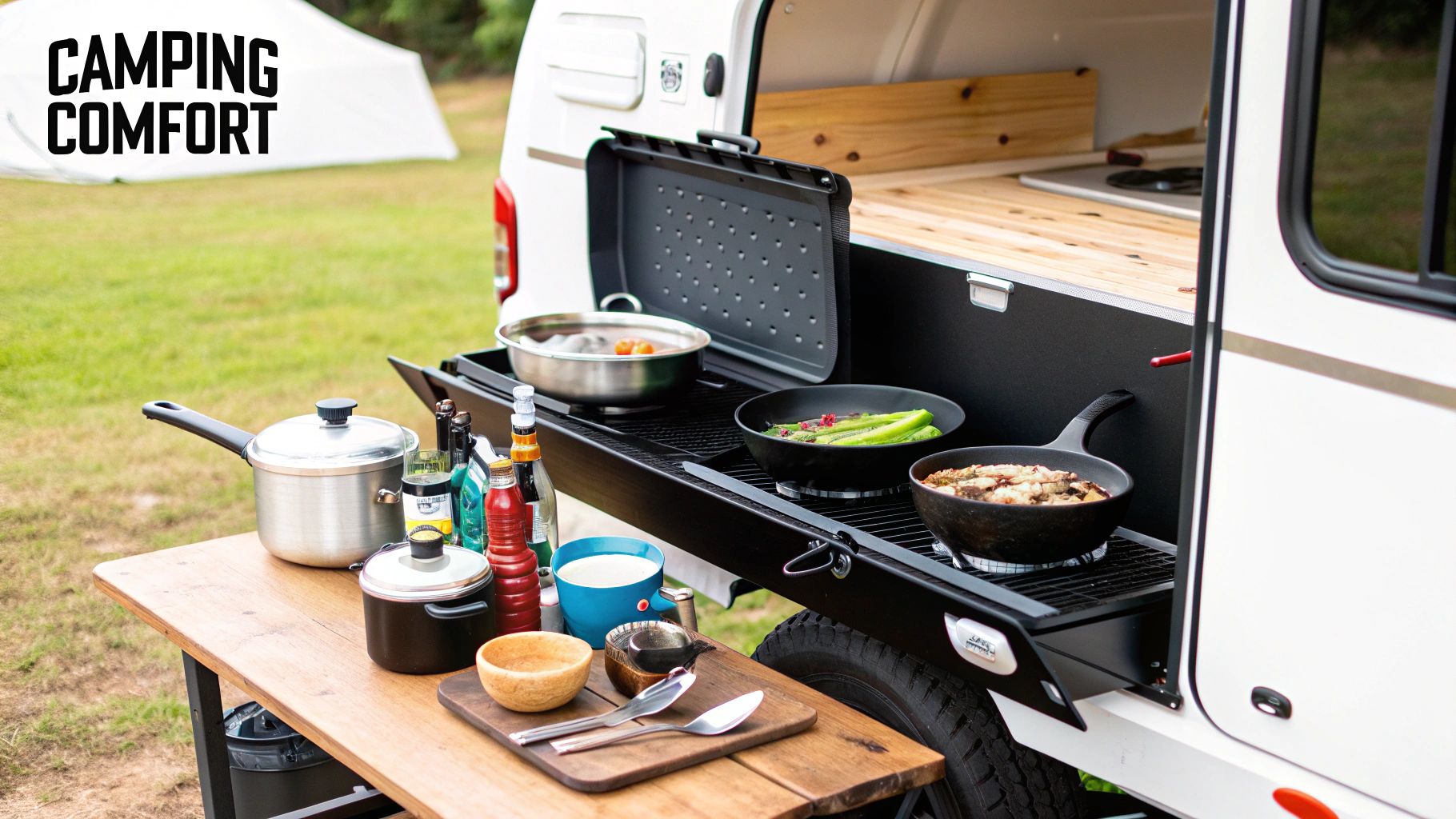 An outdoor kitchen on a modern travel trailer, ready for family cooking.