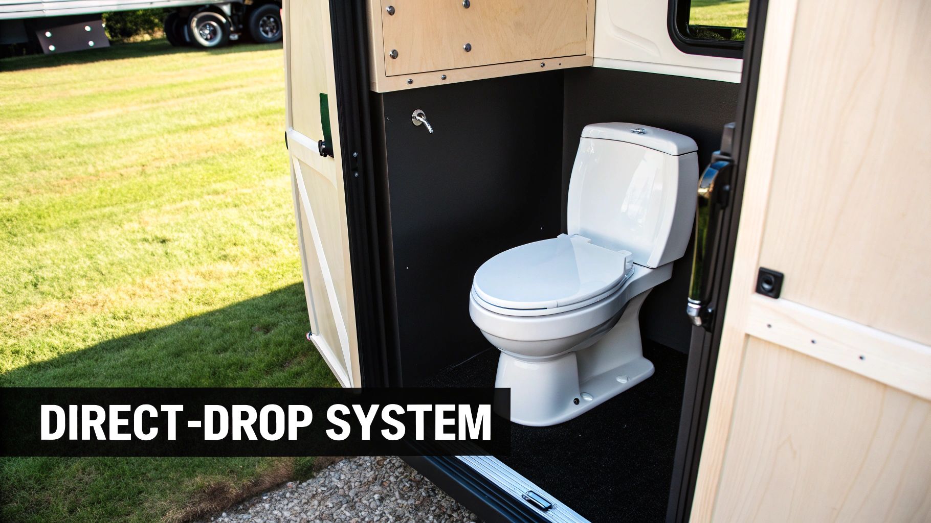 A clean and modern RV toilet and bathroom interior