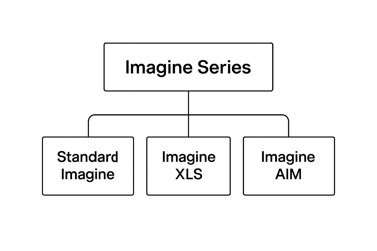 Infographic showing the hierarchy of the Grand Design Imagine model lineup, with 'Imagine Series' branching into 'Standard Imagine', 'Imagine XLS', and 'Imagine AIM'.