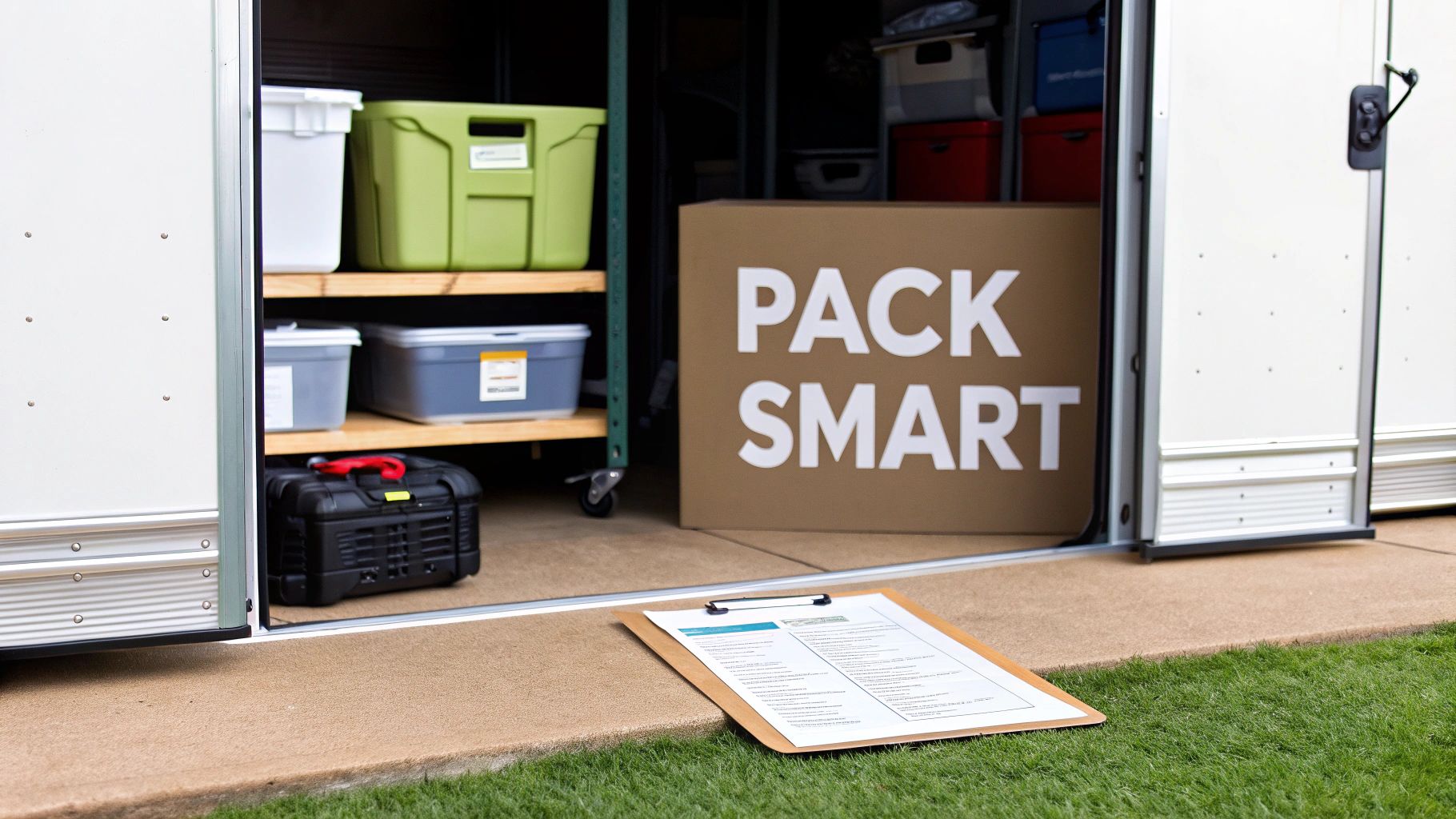Someone packing essentials into an RV's storage compartment before a road trip.