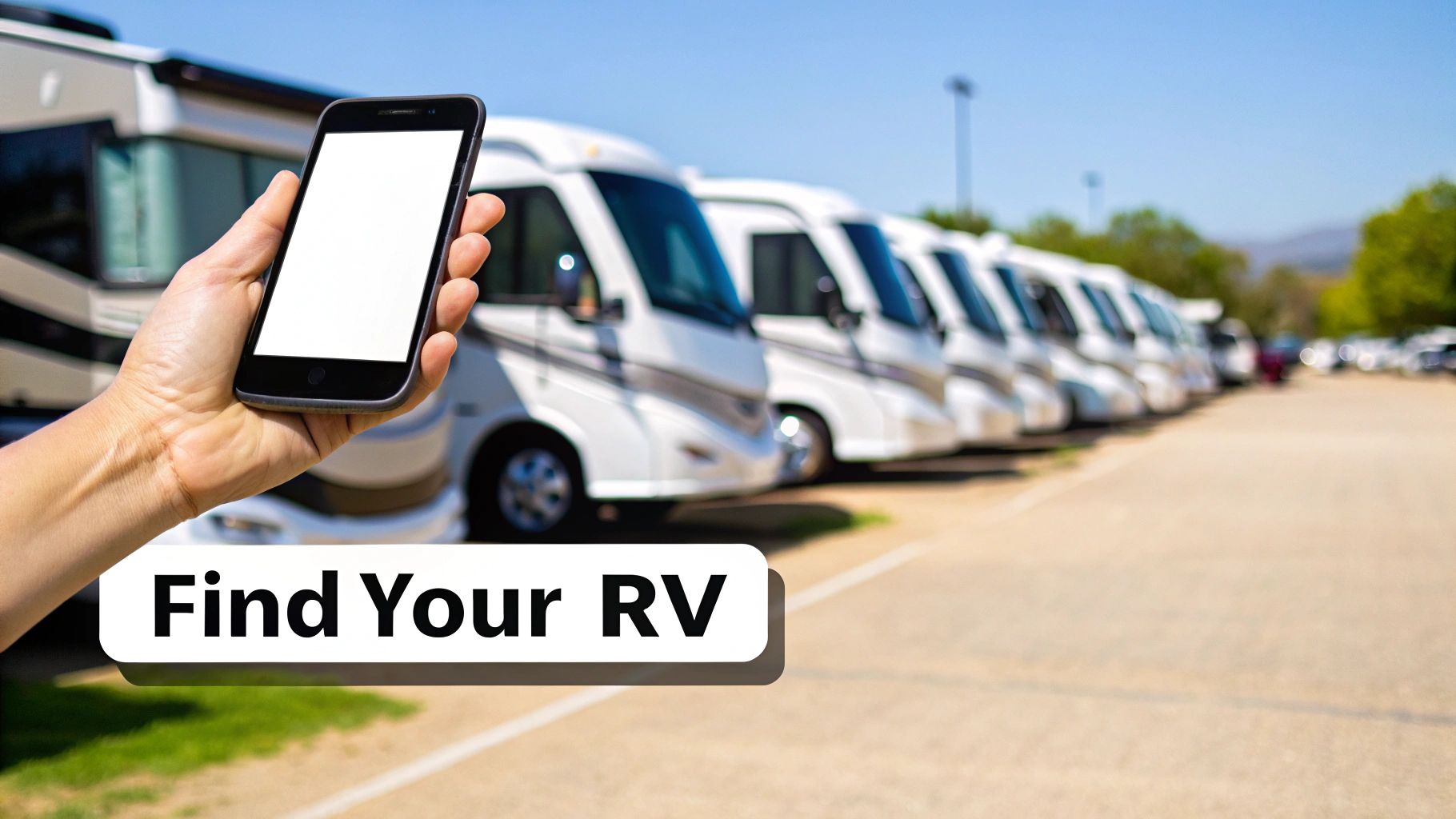 Several Class A motorhomes lined up for sale at a dealership.