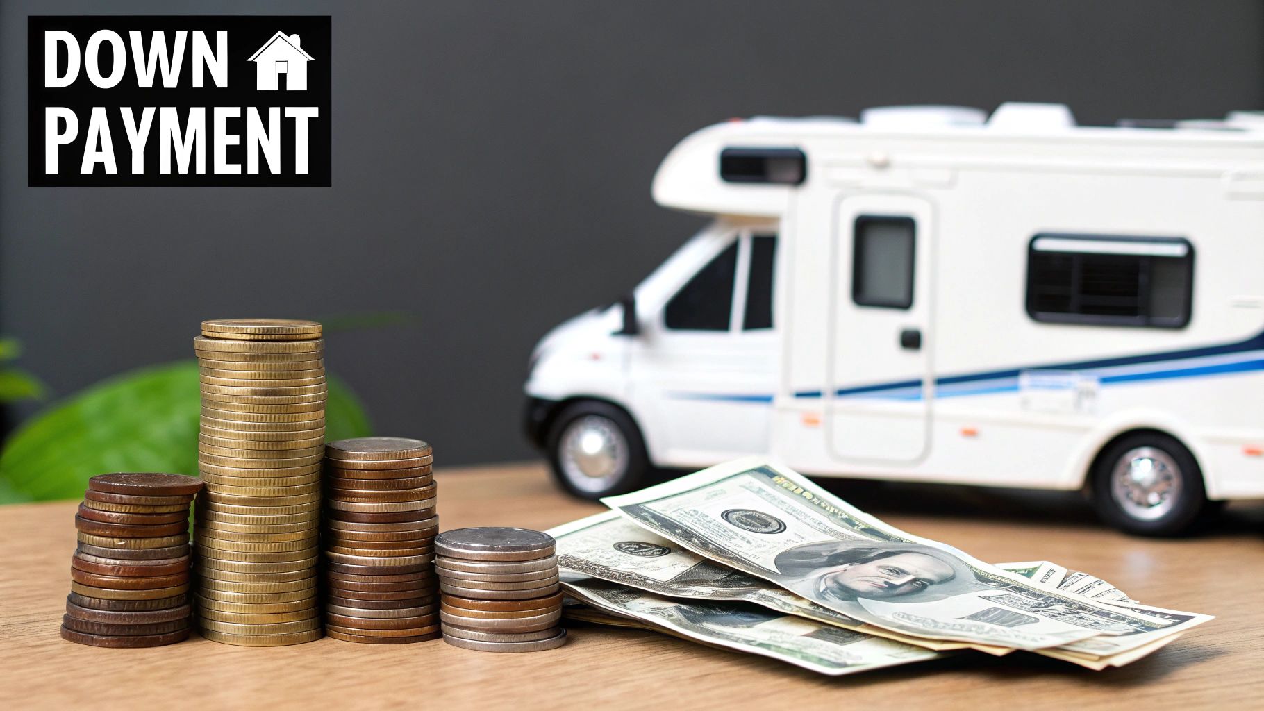 A person is sitting on the steps of an RV, planning their finances on a tablet