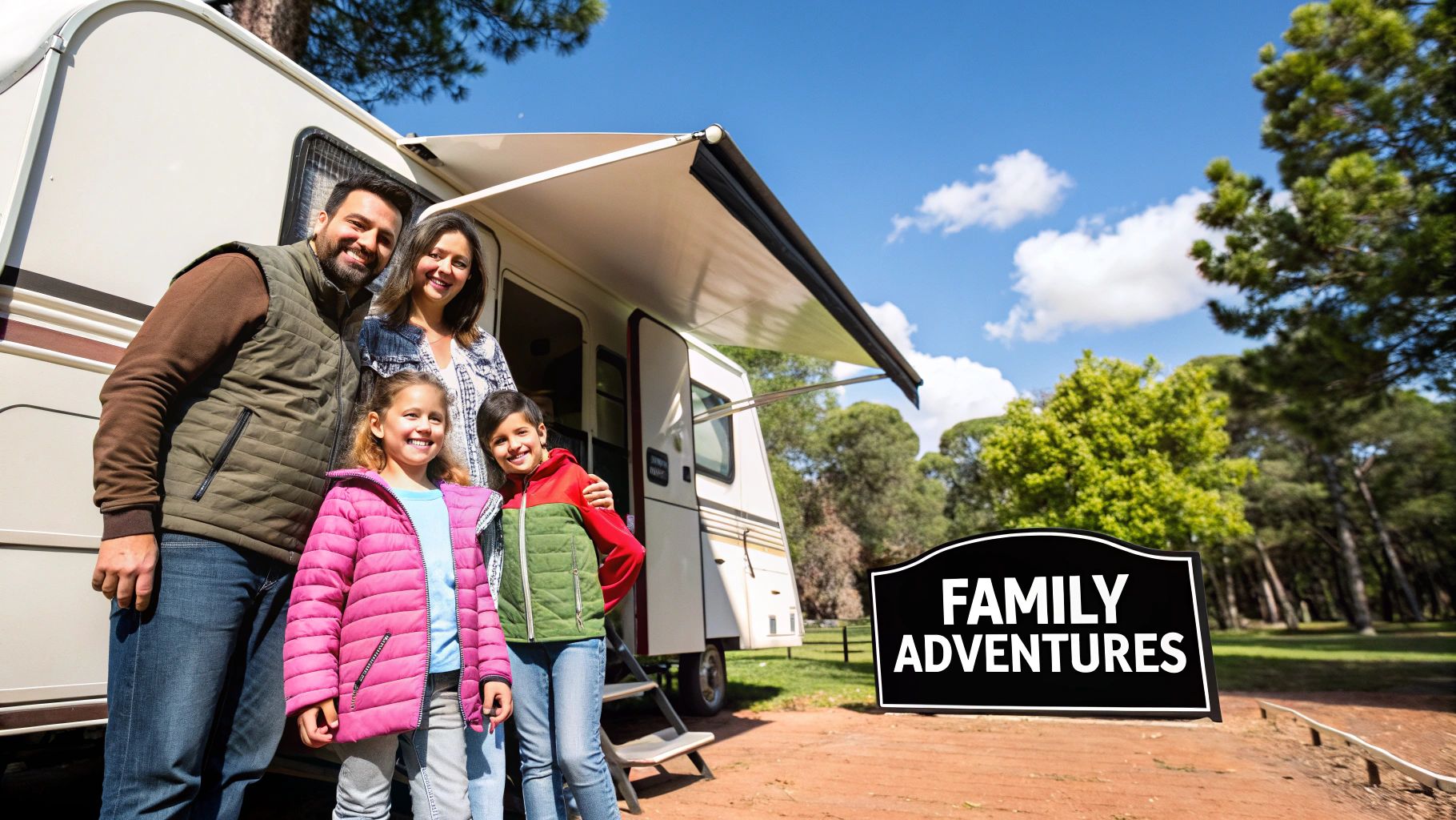 A family enjoying their travel trailer in a scenic outdoor setting.