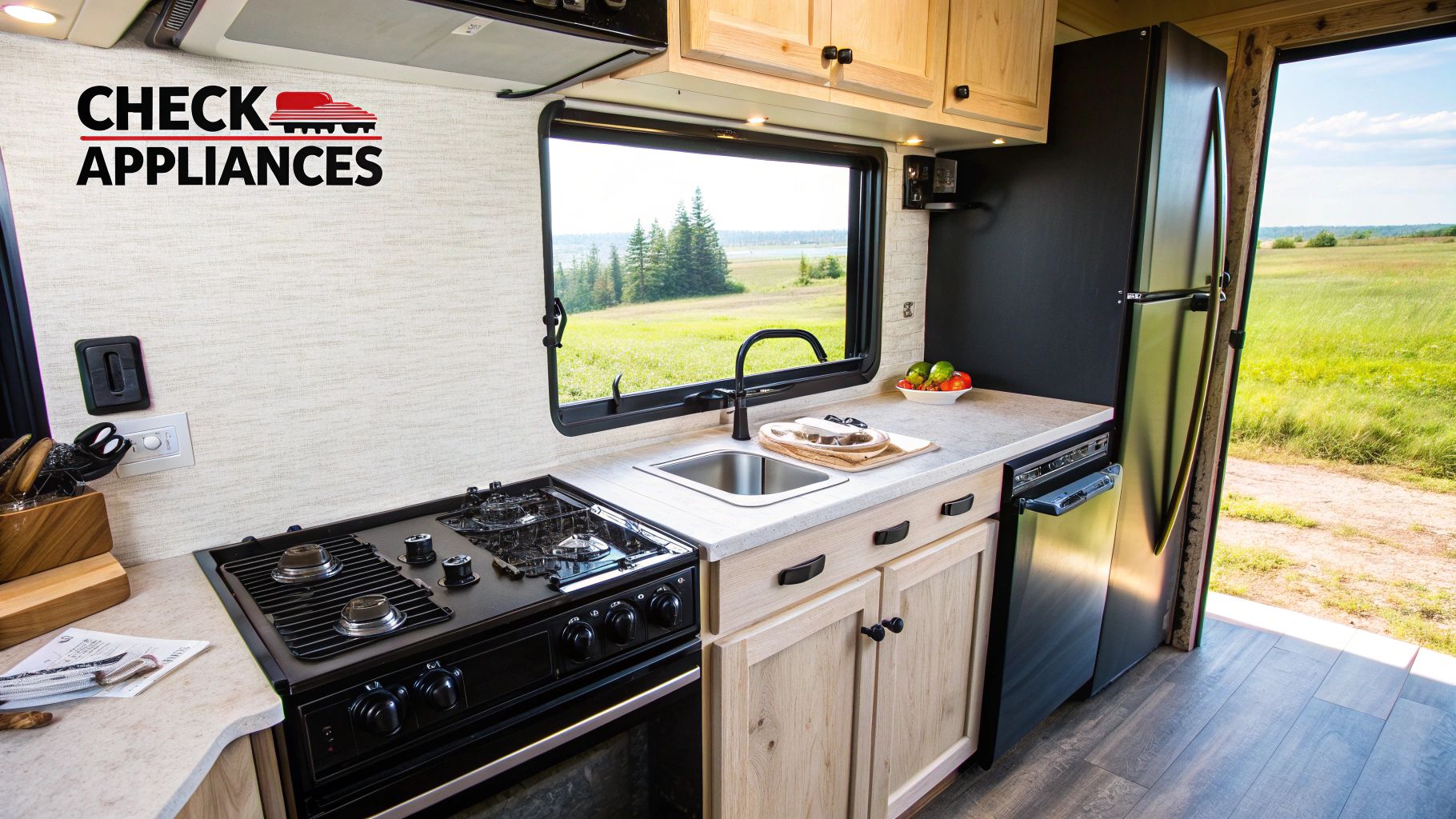 A woman inspecting a travel trailer at a dealership.