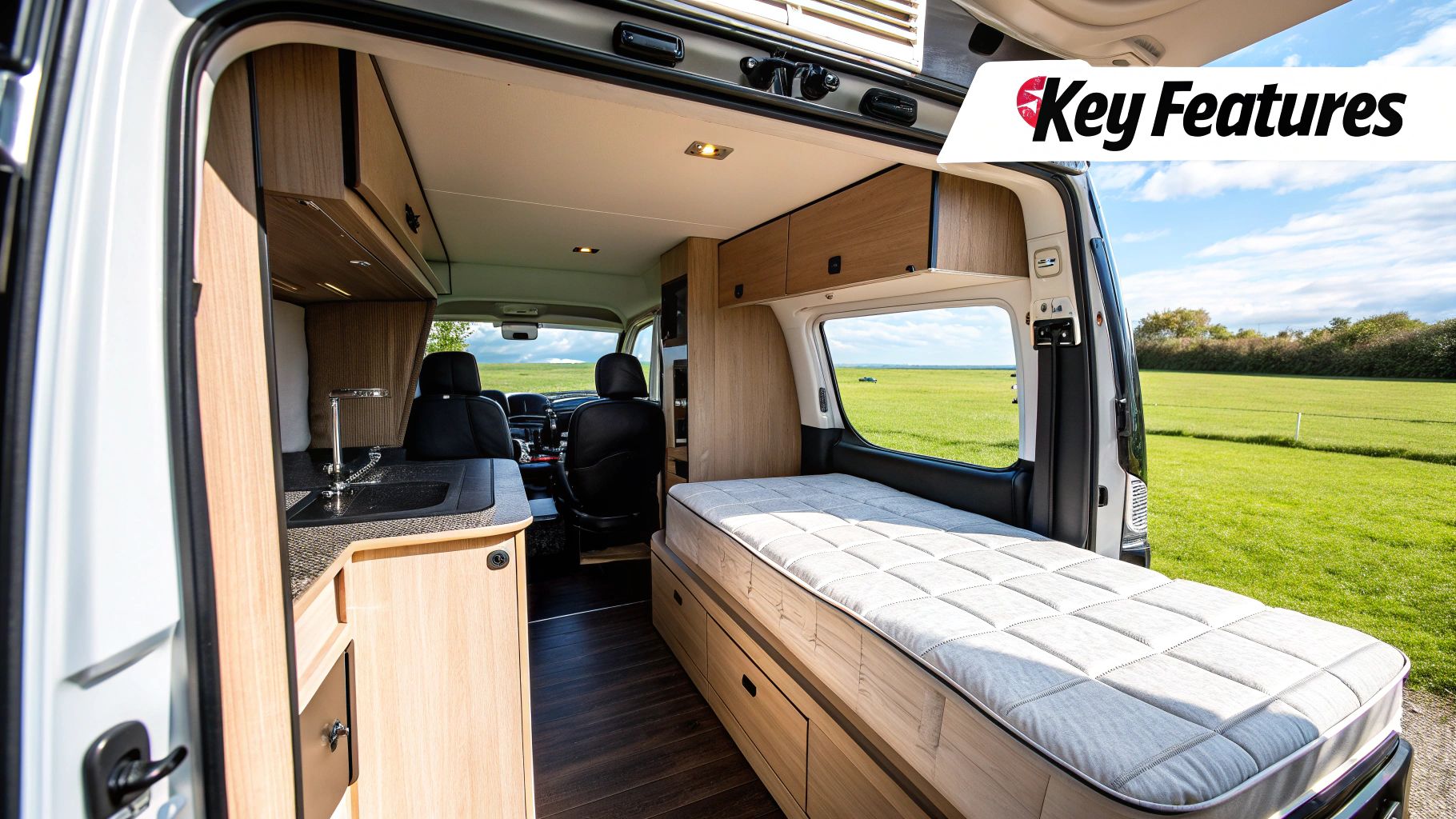 Interior view of a modern motorhome kitchen and living area, showcasing its full-time living features.