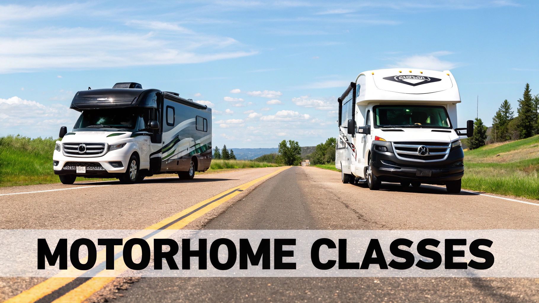Three different classes of motorhomes parked in a scenic outdoor setting.