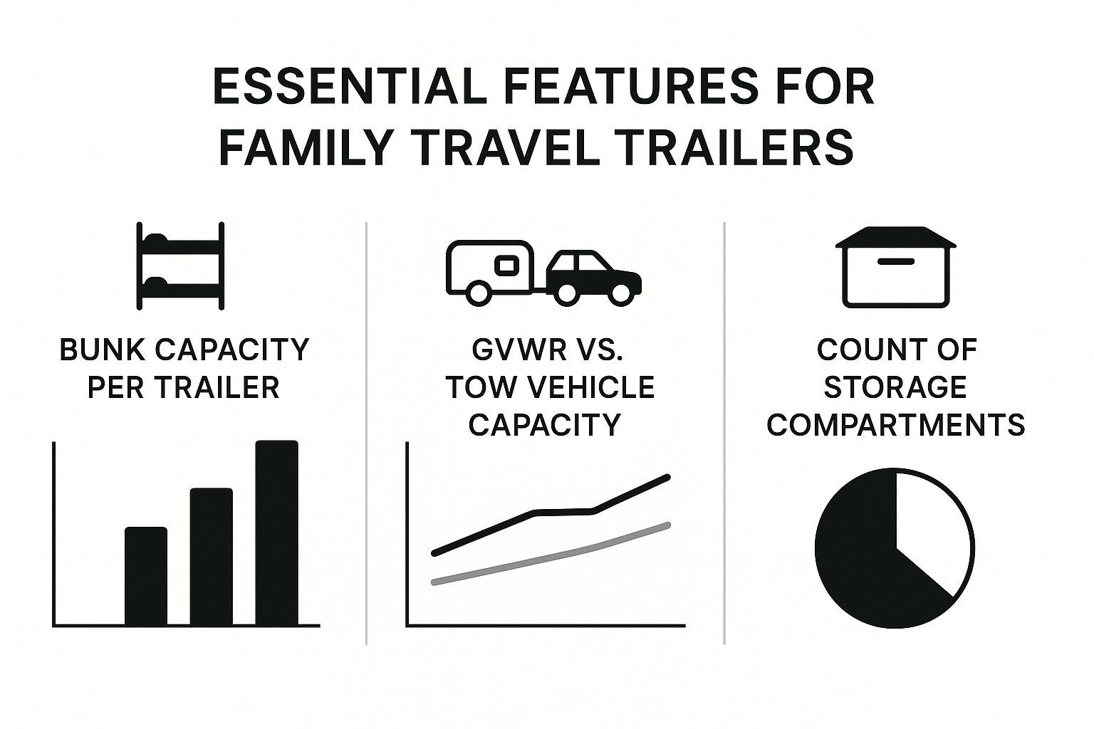 Infographic comparing bunk capacity, GVWR, and storage compartments in family travel trailers.