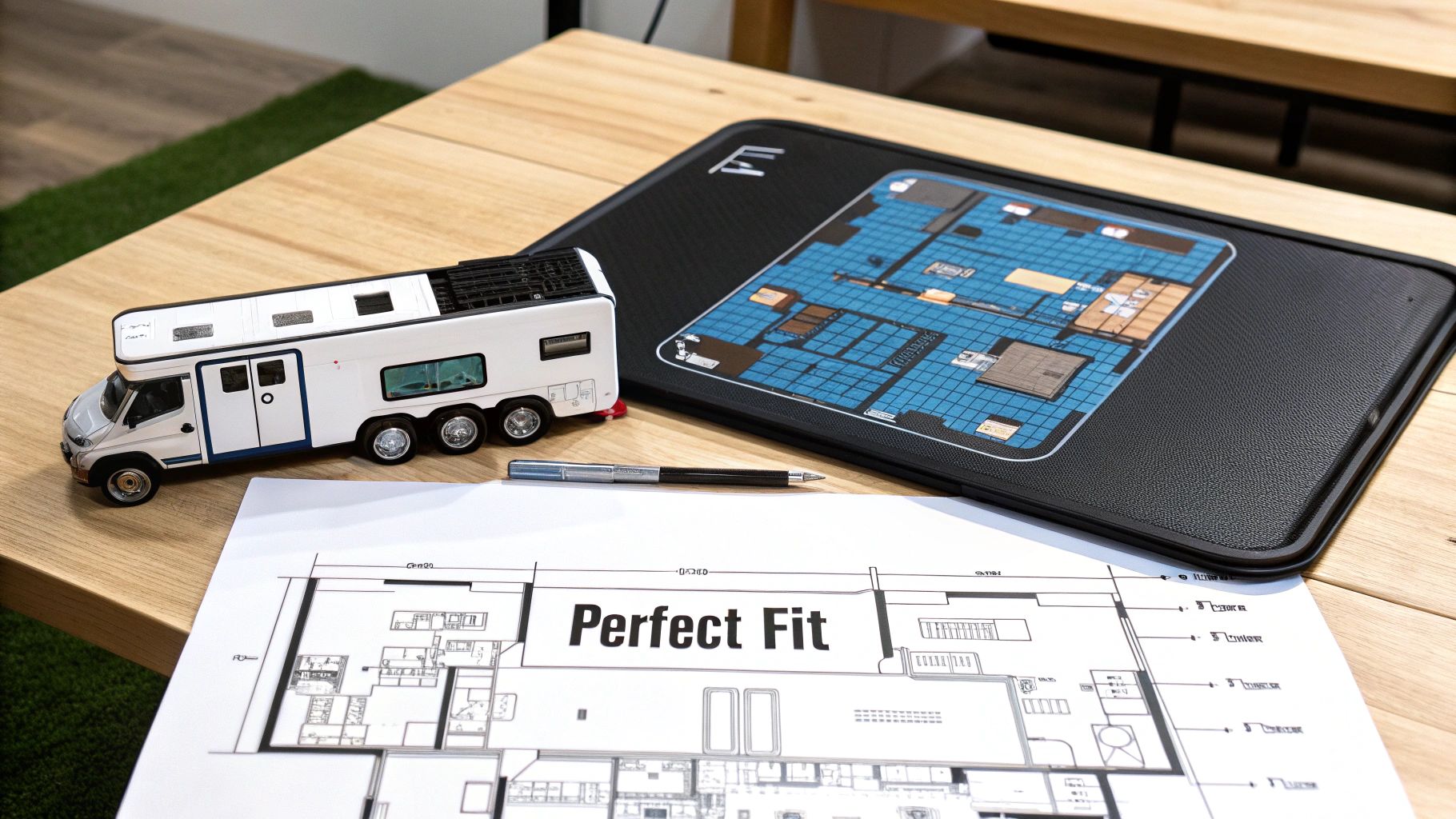 A family looking at the floor plan of a used toy hauler fifth wheel inside a dealership
