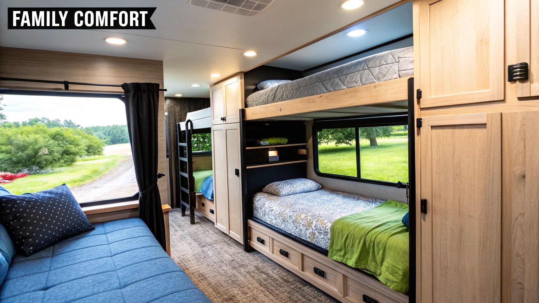 A smiling family enjoying a meal inside their modern, well-lit RV.