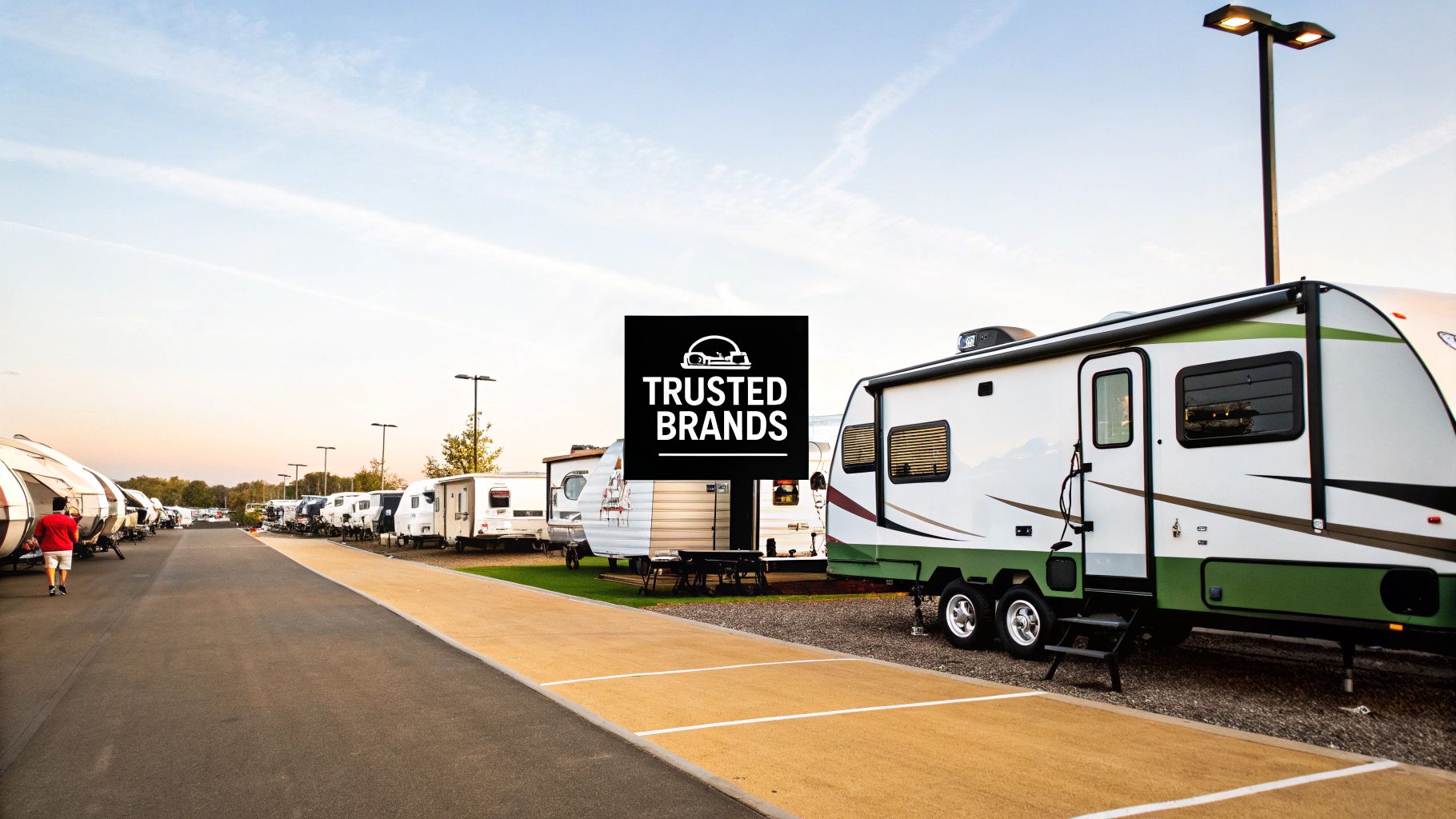 A row of different family travel trailers at a dealership, showcasing various brands.