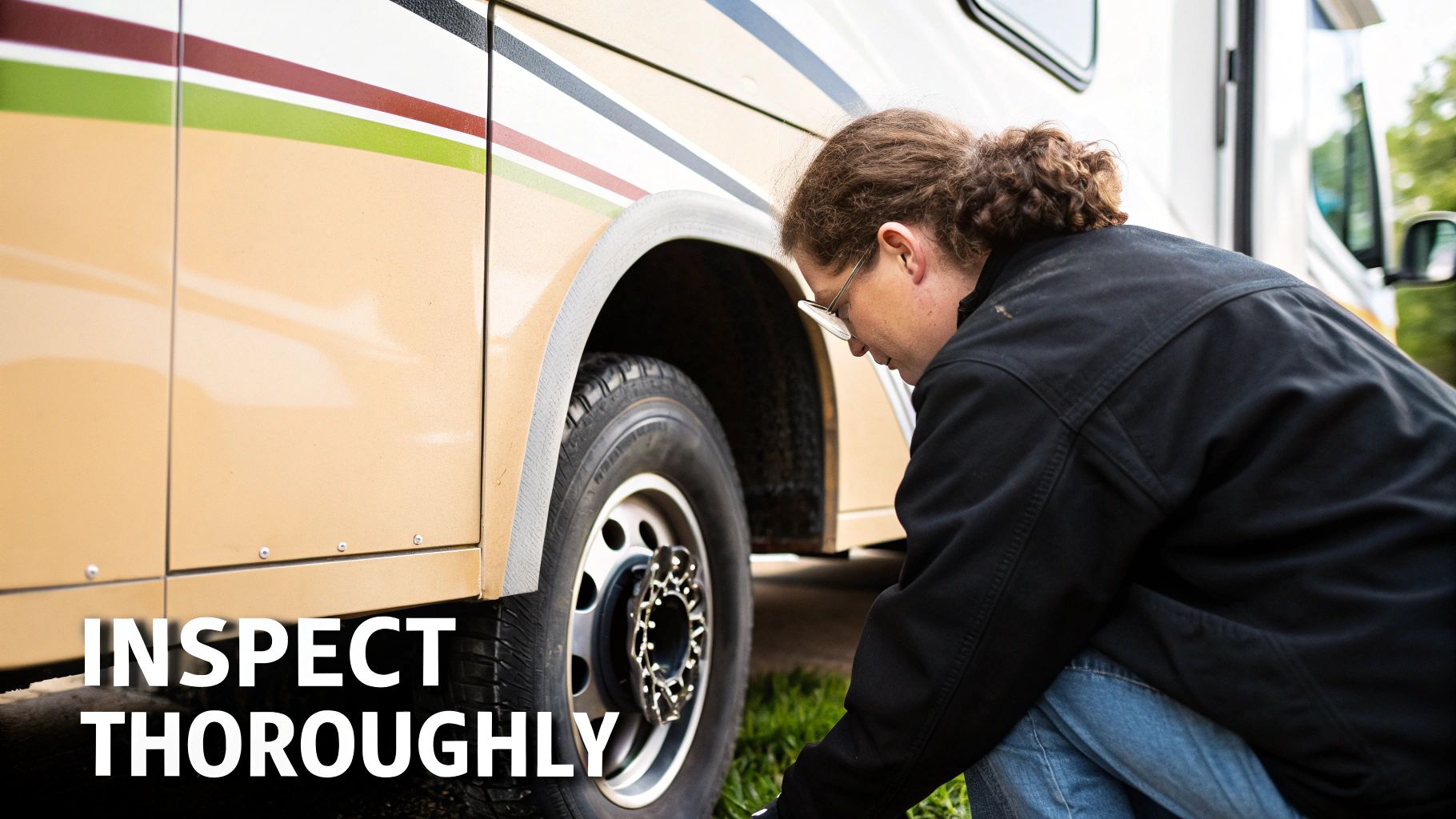 Person inspecting the side of a motorhome with a checklist