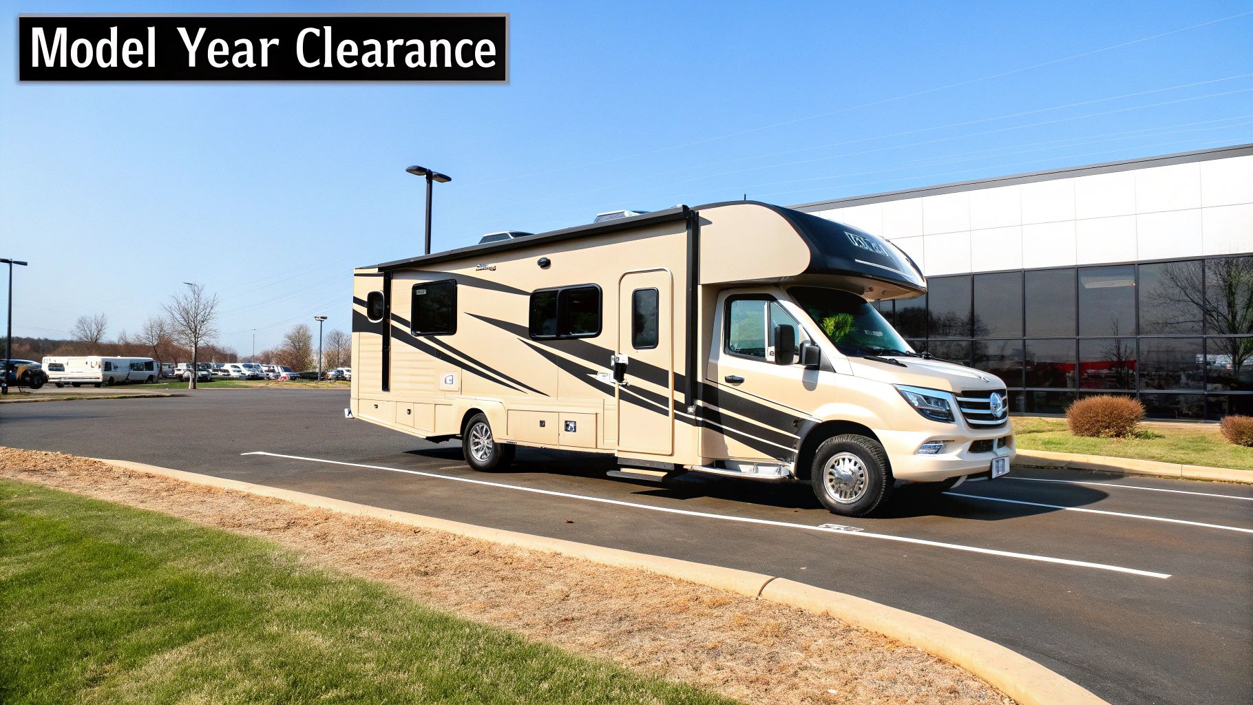 A row of brand new RVs lined up on a dealership lot under a clear blue sky.