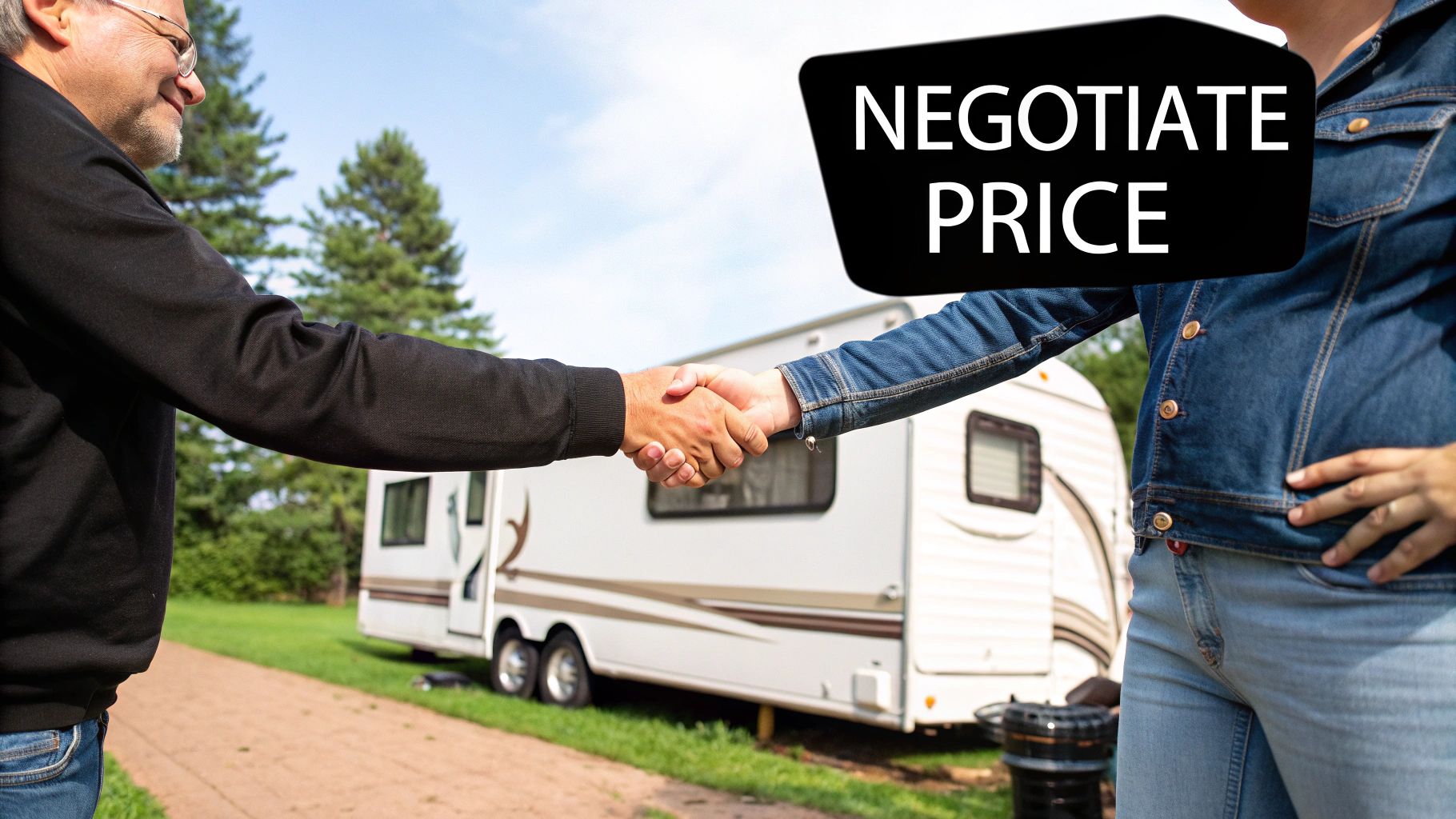 Couple smiling and holding the keys to their newly purchased travel trailer.