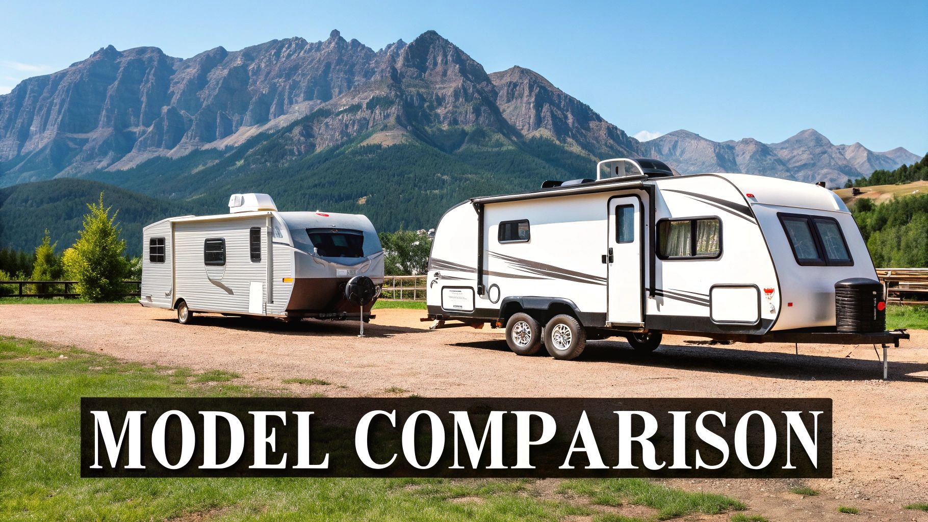 Family enjoying the outdoors with their travel trailer parked in a forest setting.