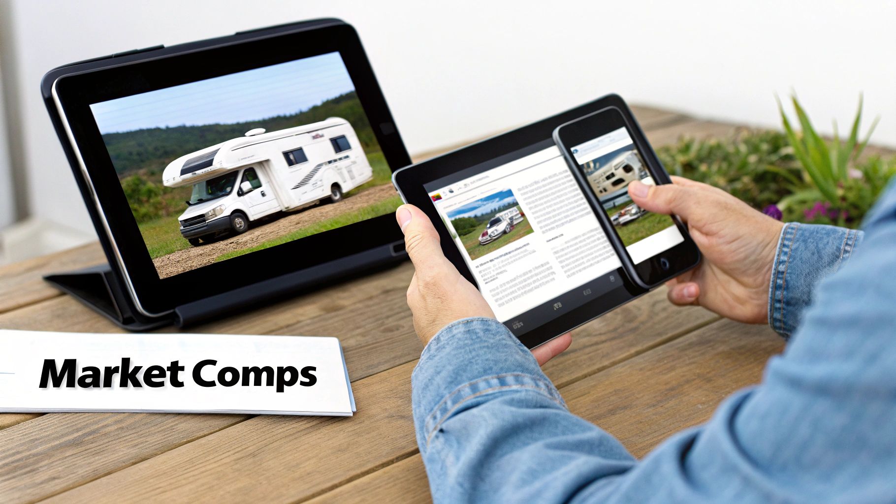 A person sitting at a laptop, researching RV values online with various listings visible