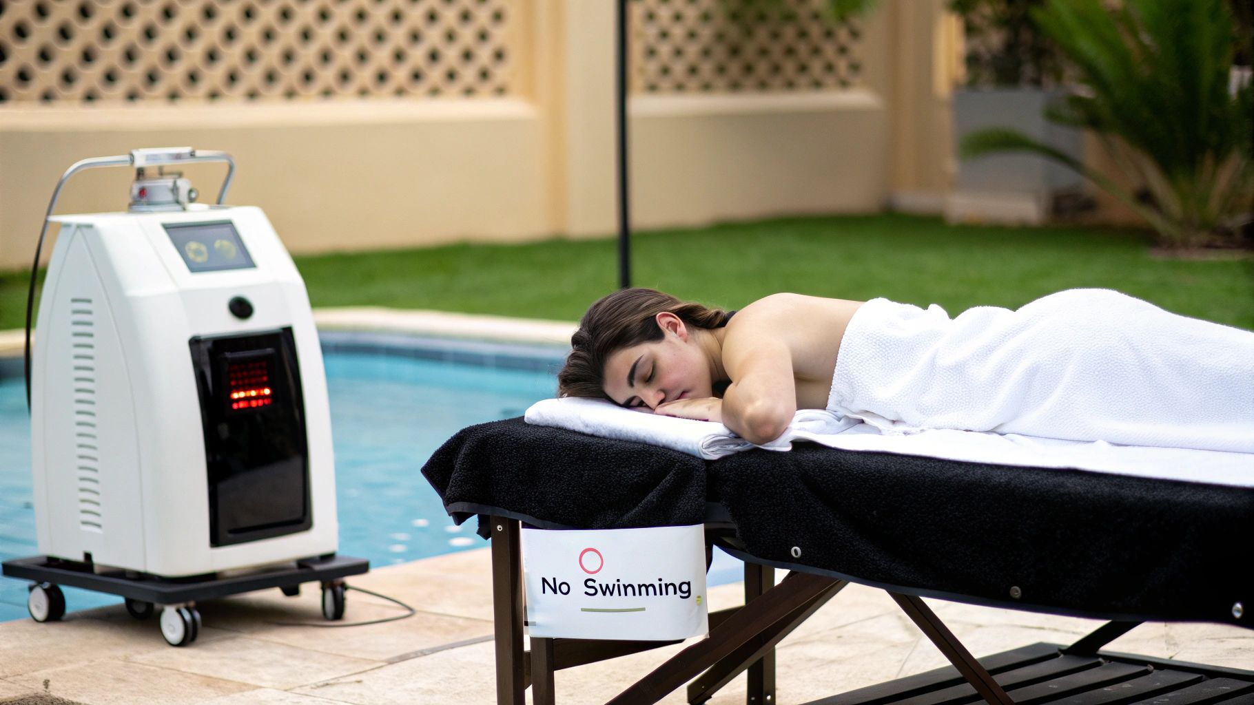 Woman relaxing by a pristine swimming pool