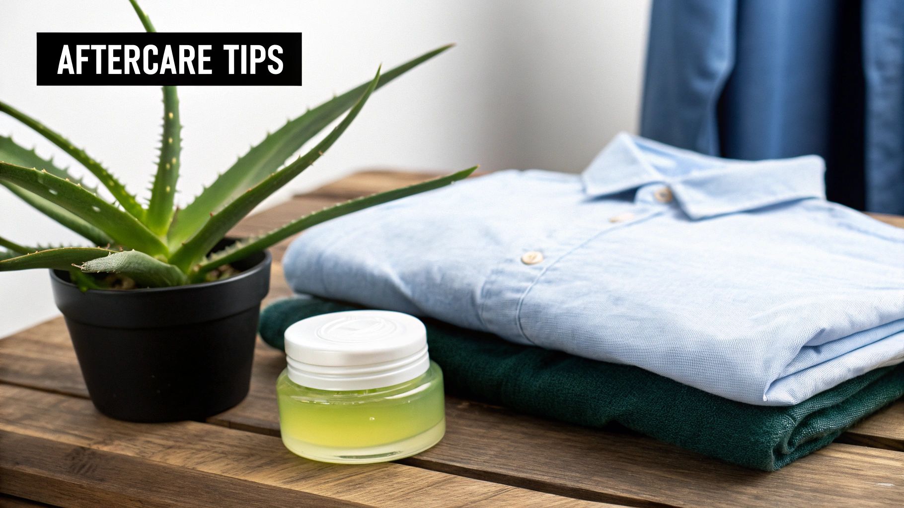 A person gently applying aloe vera gel to their smooth leg after a treatment.