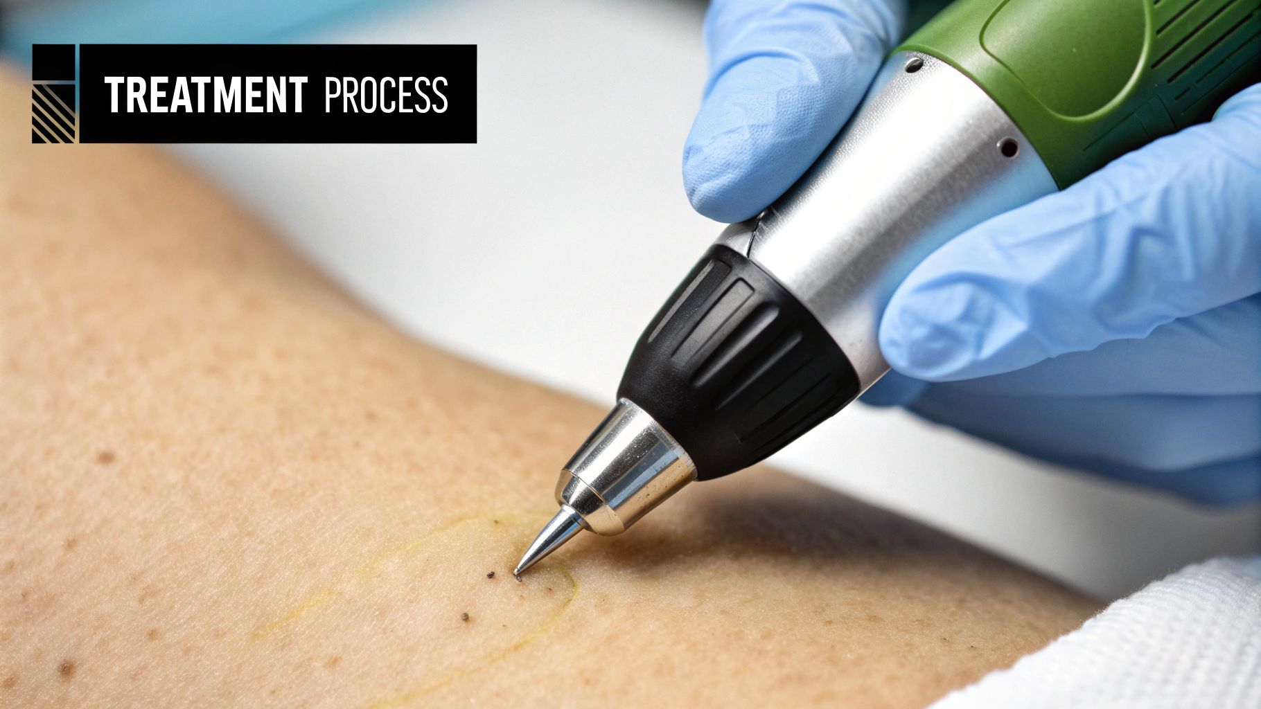 A technician performing laser hair removal on a client's leg in a clean, professional spa setting