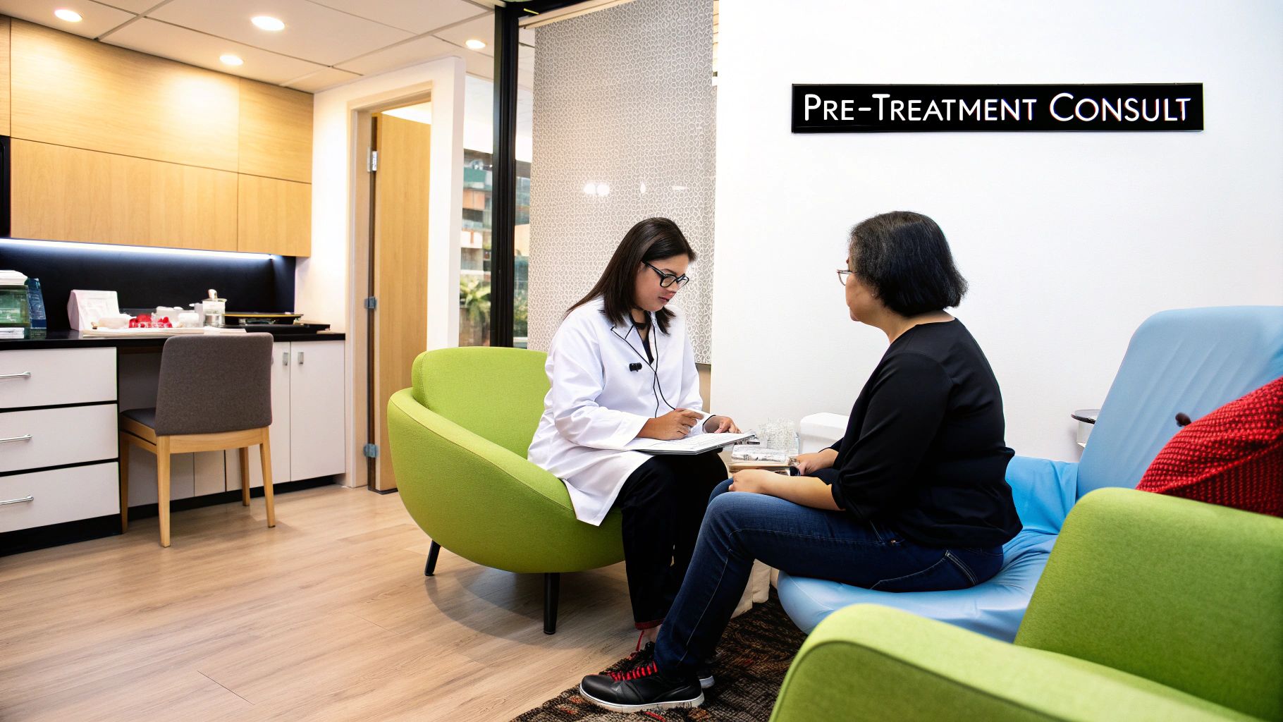 A professional technician consulting with a client before a client's laser hair removal session