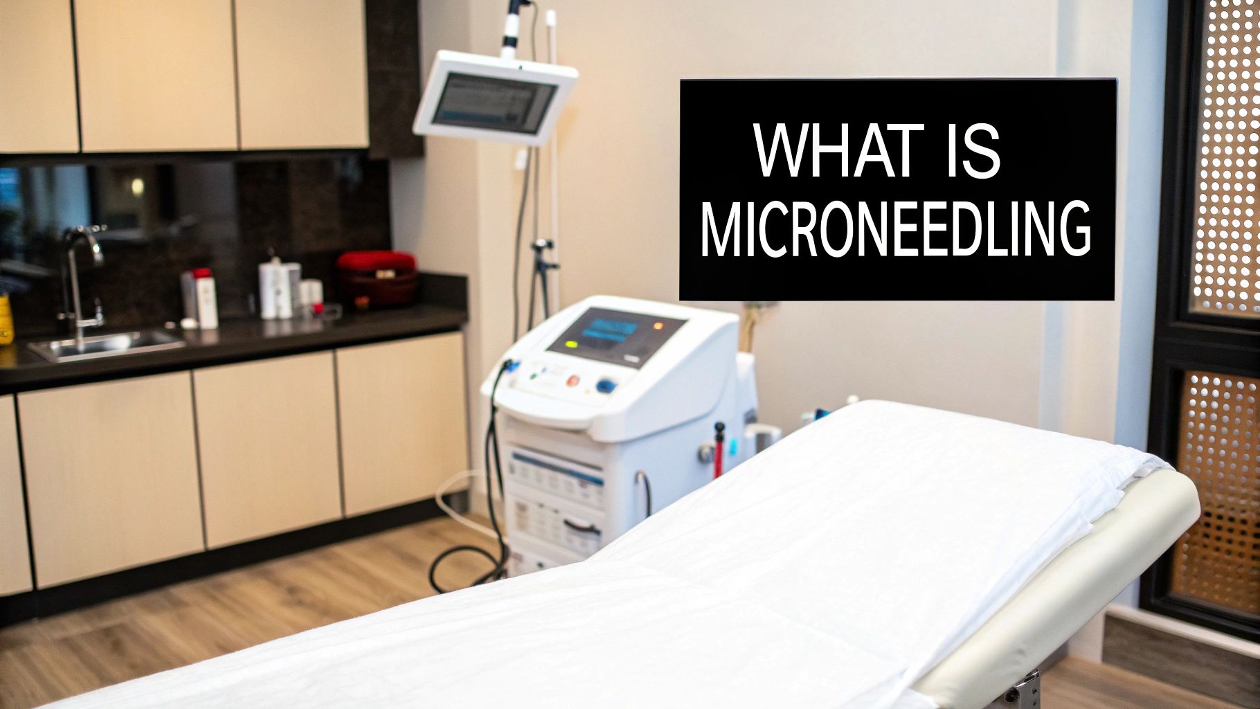 A microneedling device being used on a client's face, demonstrating the procedure for acne scars