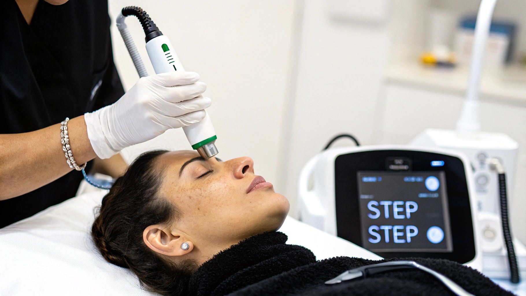 A woman applying gentle serum to her face, representing proper aftercare for microneedling.