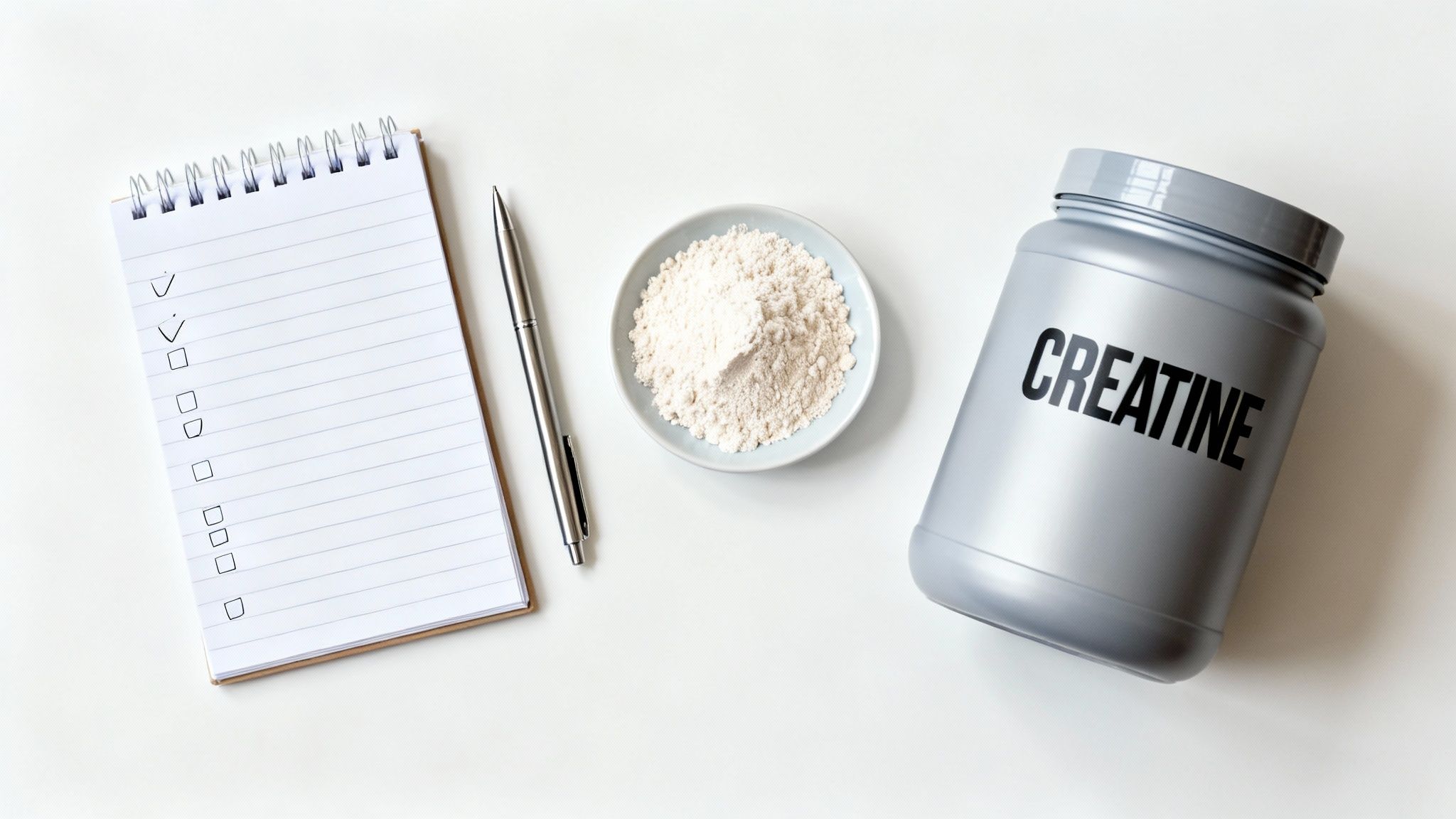 Overhead view of creatine powder, a supplement container, a checklist notepad, and a pen for fitness.