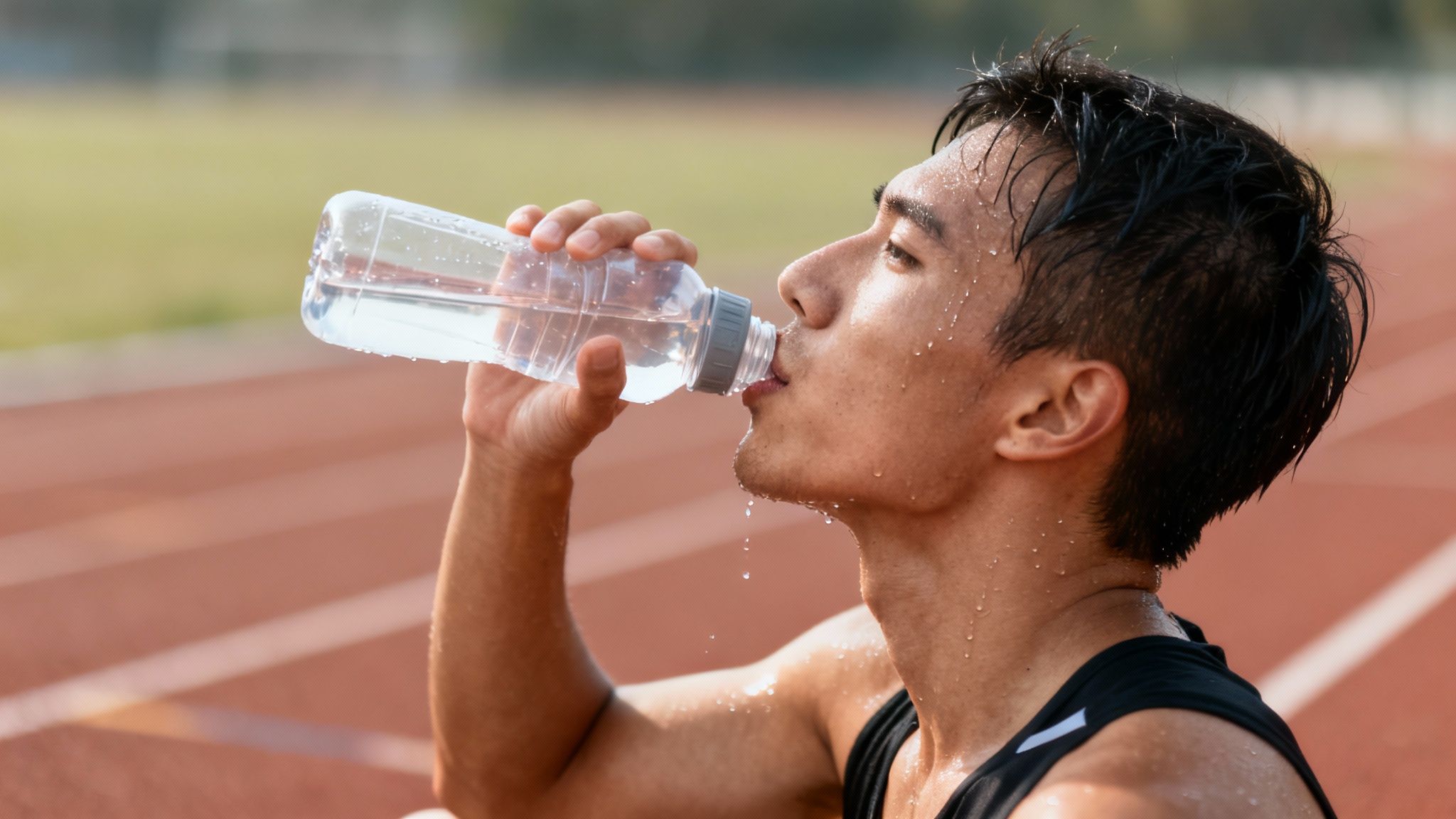 Sweaty male athlete rehydrating, drinking water from a bottle on an outdoor running track.