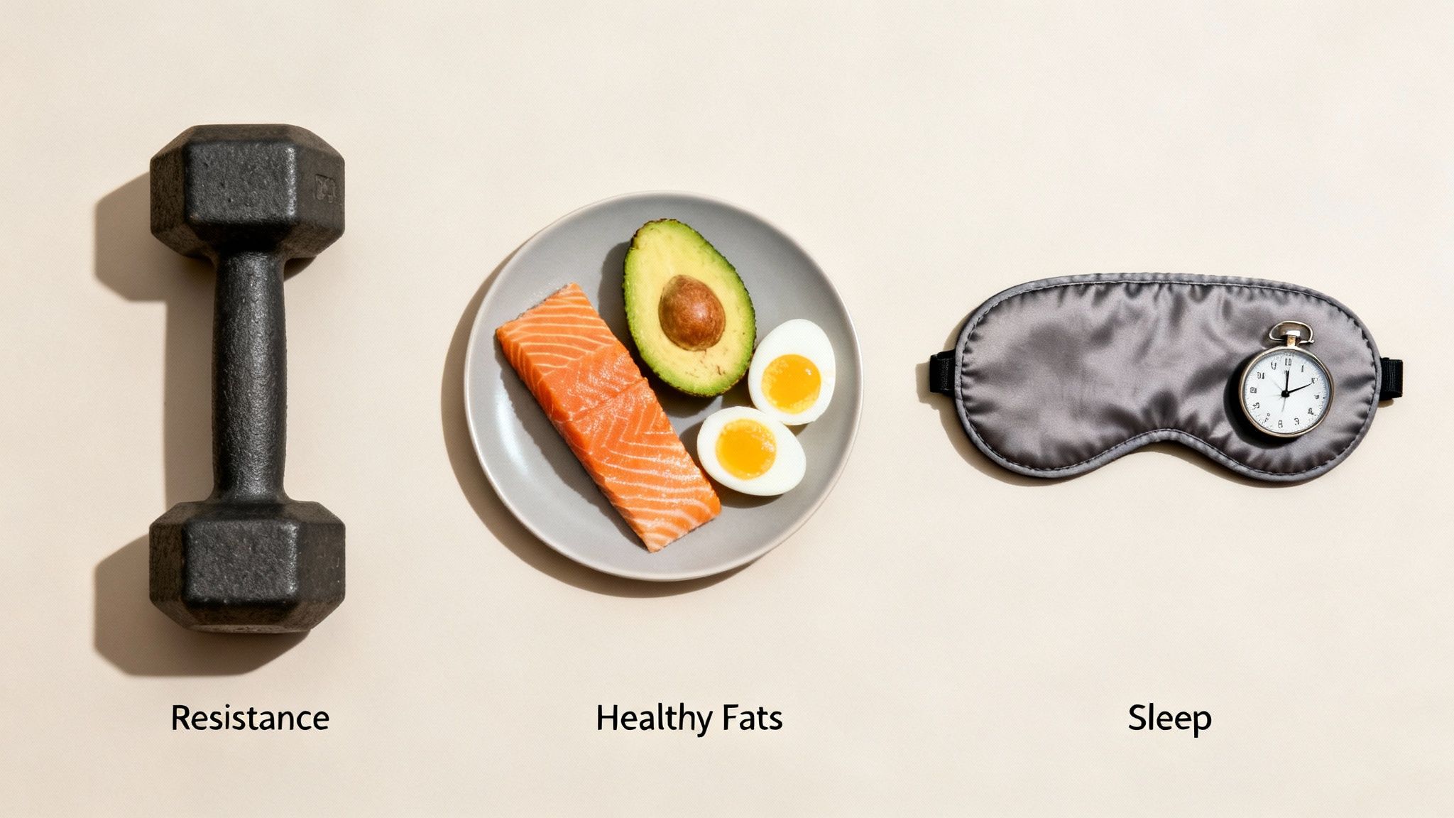 Overhead shot of fitness essentials: dumbbell, healthy fats (salmon, avocado, eggs), and a sleep mask with a stopwatch.