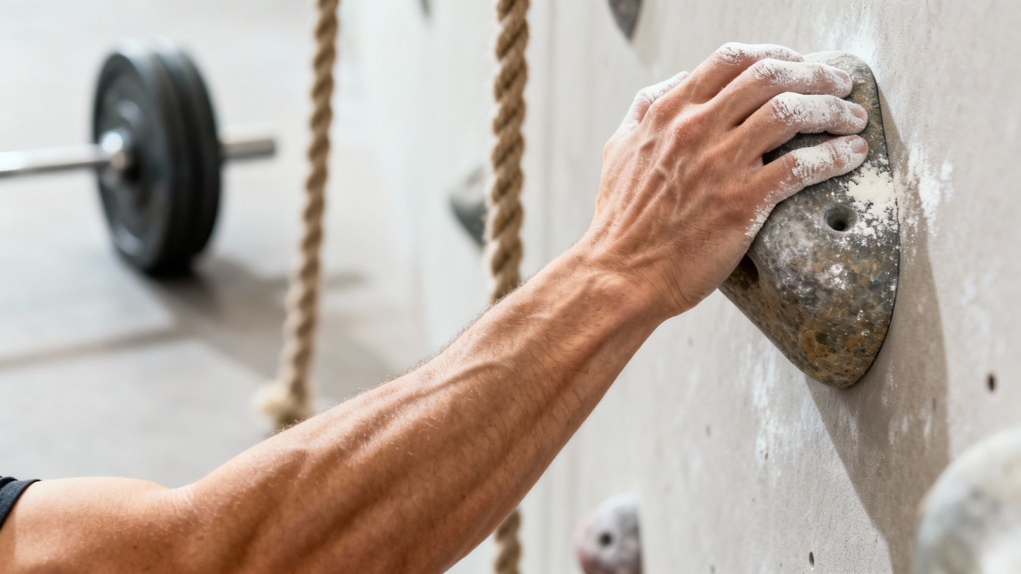 Close-up of a person's chalked hand gripping a rock climbing hold firmly in a gym.