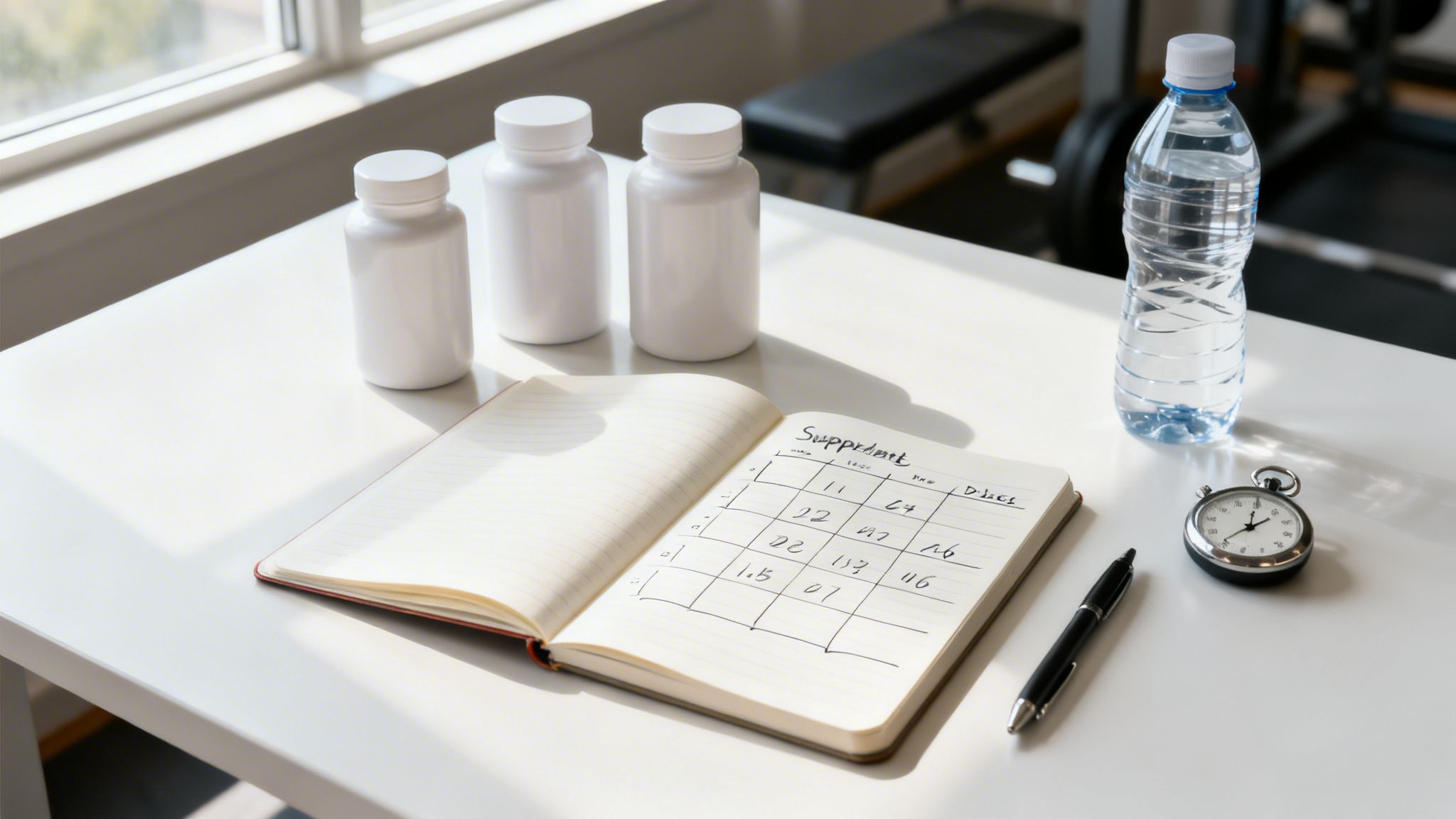 A workout desk with supplement bottles, a water bottle, a notebook tracking diet, a pen, and a stopwatch.