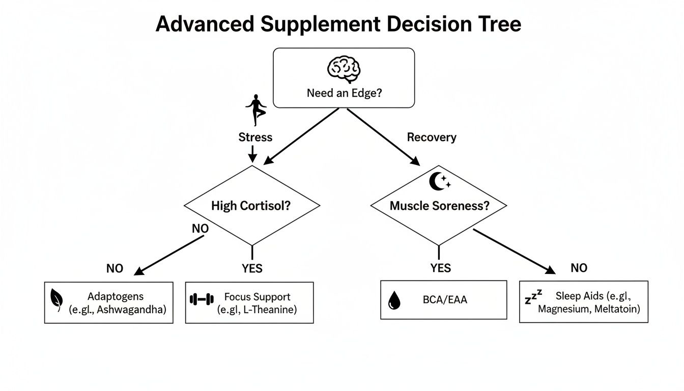 Decision tree guiding supplement choices for performance, addressing stress and recovery needs.