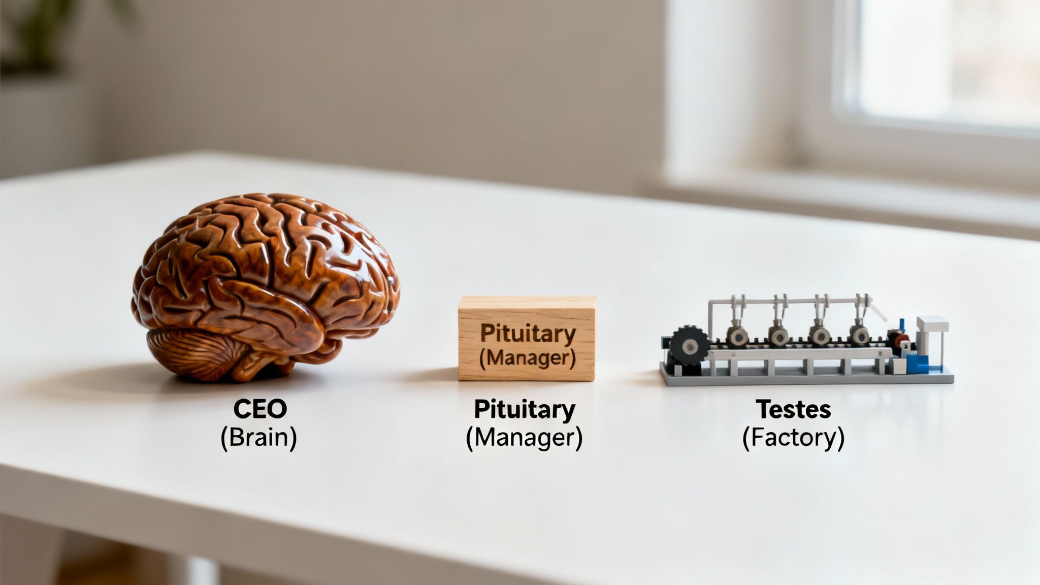 A brain model, 'Pituitary' block, and 'Testes' factory illustrate the body's hormonal control system.