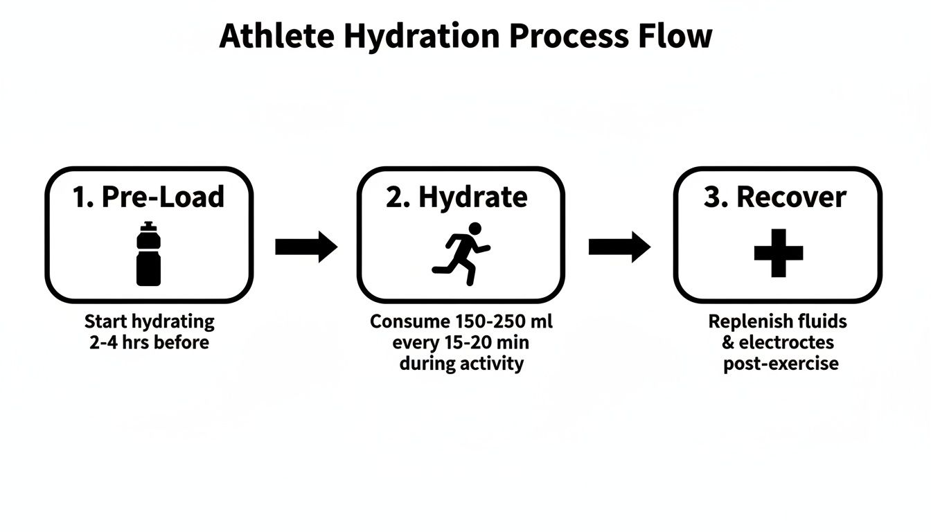 Athlete hydration process flow chart detailing pre-load, during activity, and post-exercise recovery steps.