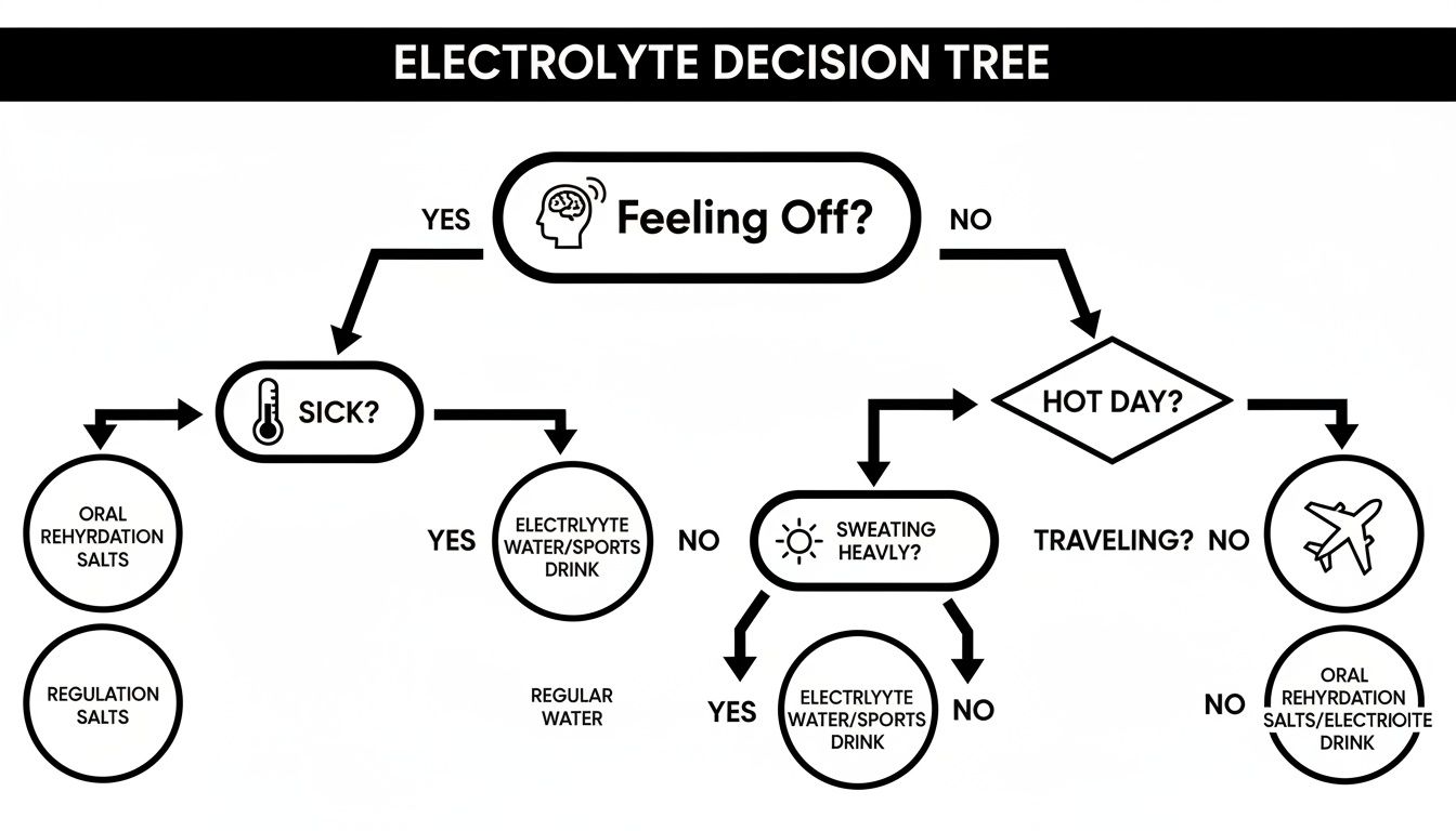 A flowchart decision tree guiding when to consume electrolytes based on symptoms and conditions.