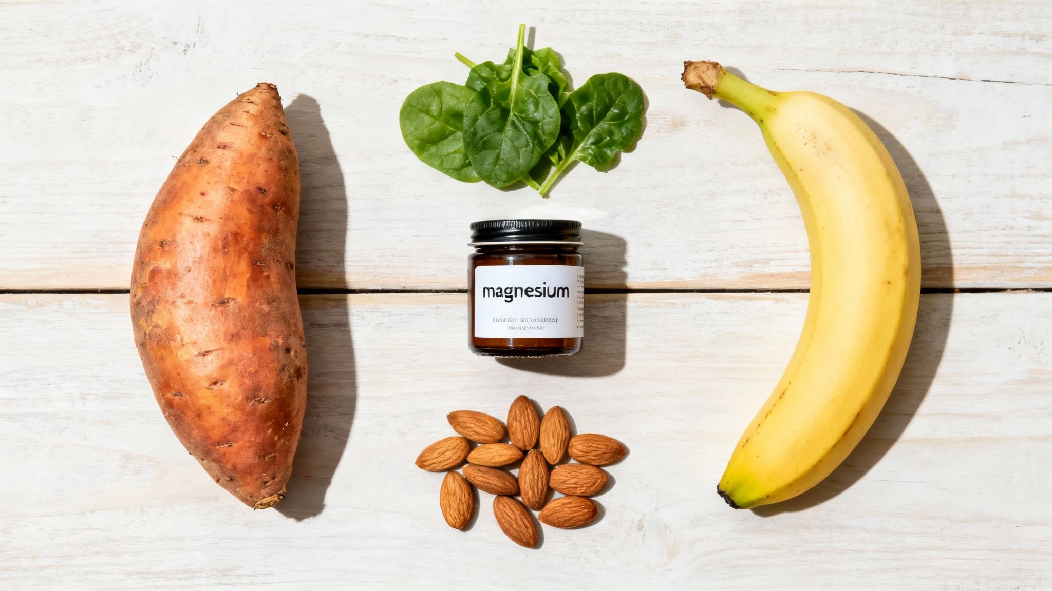 A variety of colorful, electrolyte-rich foods like sweet potatoes, bananas, and leafy greens arranged on a table.