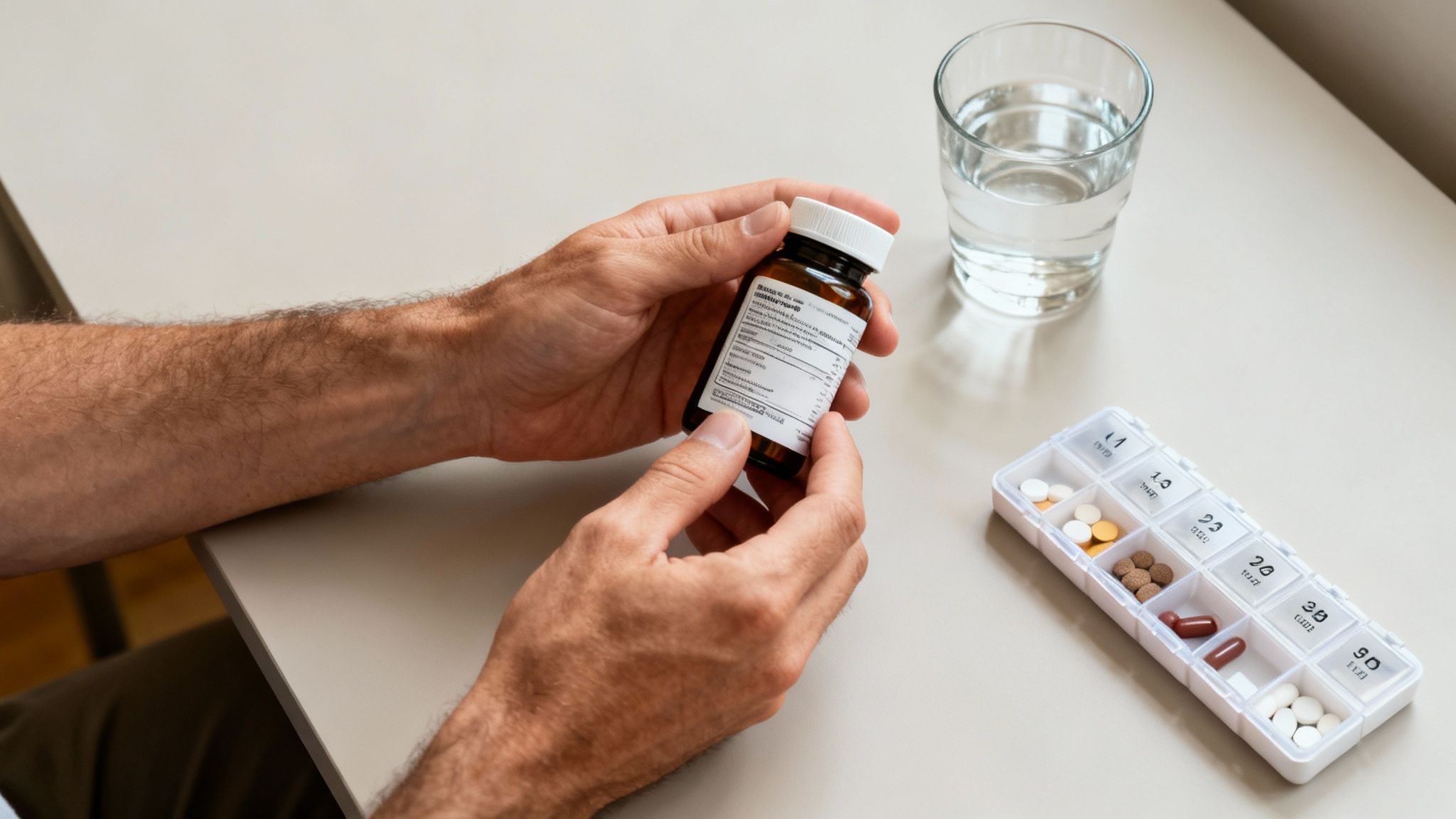 Man organizing daily medication routine with pill organizer and water glass on table