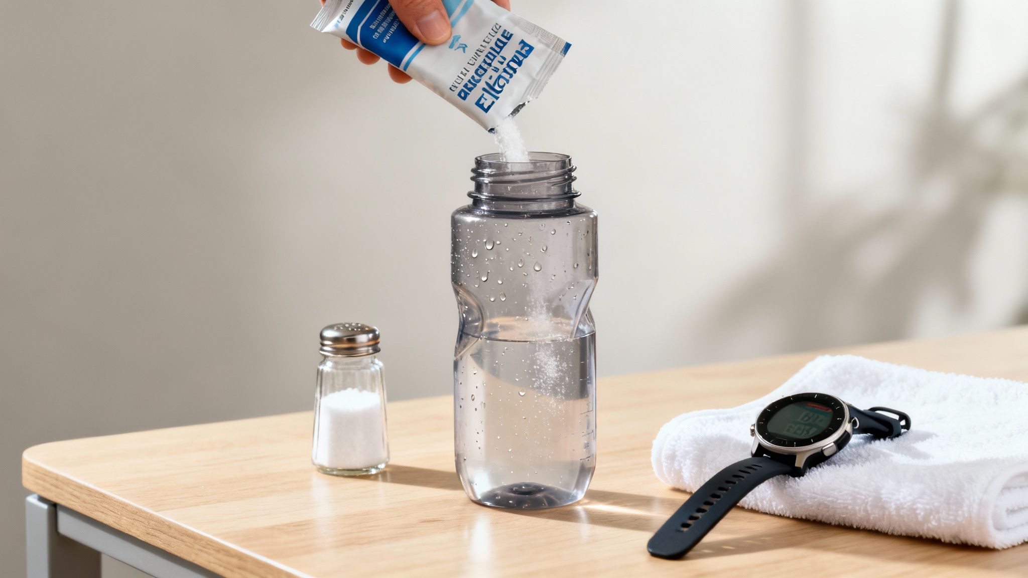 A hand pours electrolyte powder from a sachet into a clear water bottle for hydration.