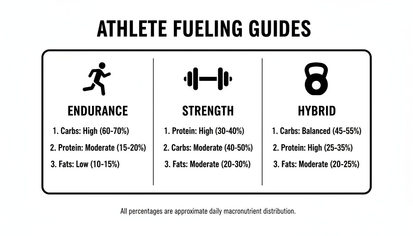 A chart showing athlete fueling guides for endurance, strength, and hybrid training with macronutrient percentages.