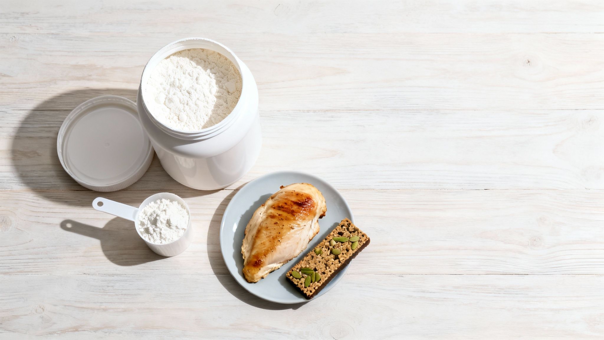 Protein powder tub, scoop, grilled chicken breast, and a healthy granola bar on wood.