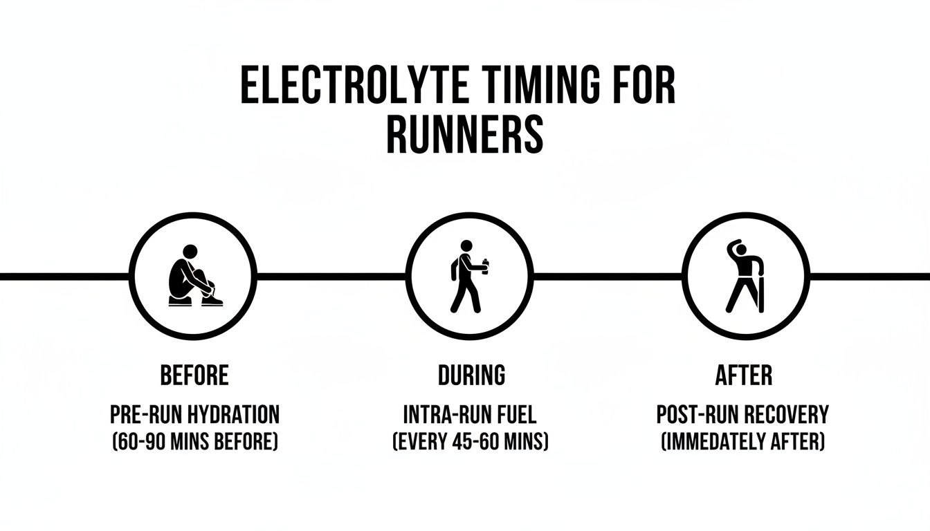 Infographic illustrating electrolyte timing for runners, covering pre-run hydration, intra-run fuel, and post-run recovery.