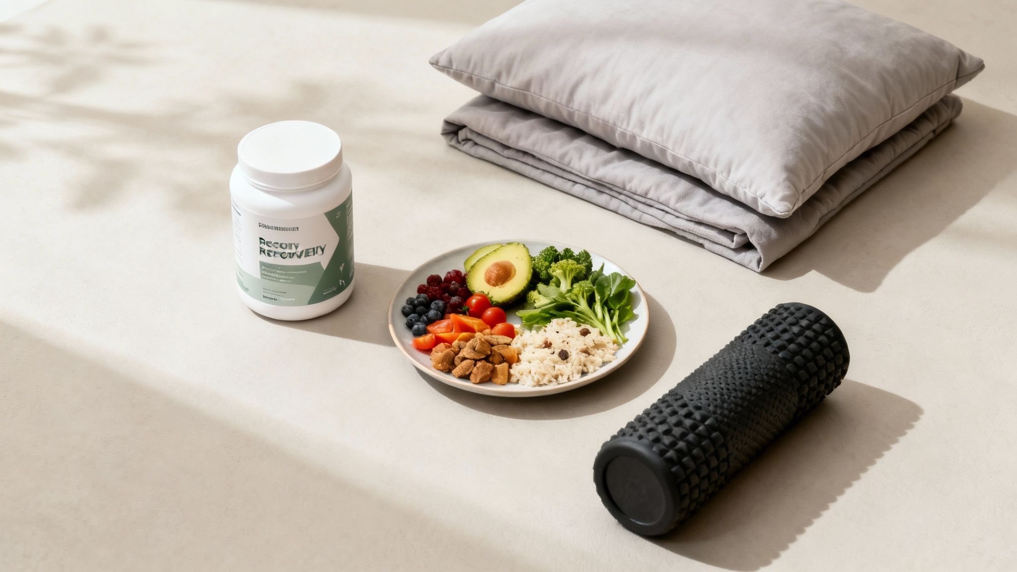Healthy meal plate with supplements, foam roller, and bedding for muscle recovery lifestyle