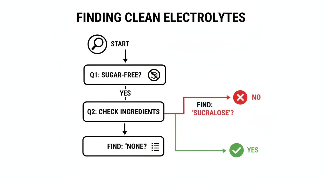 Flowchart illustrating steps to find clean electrolytes, checking for sugar-free and absence of sucralose.