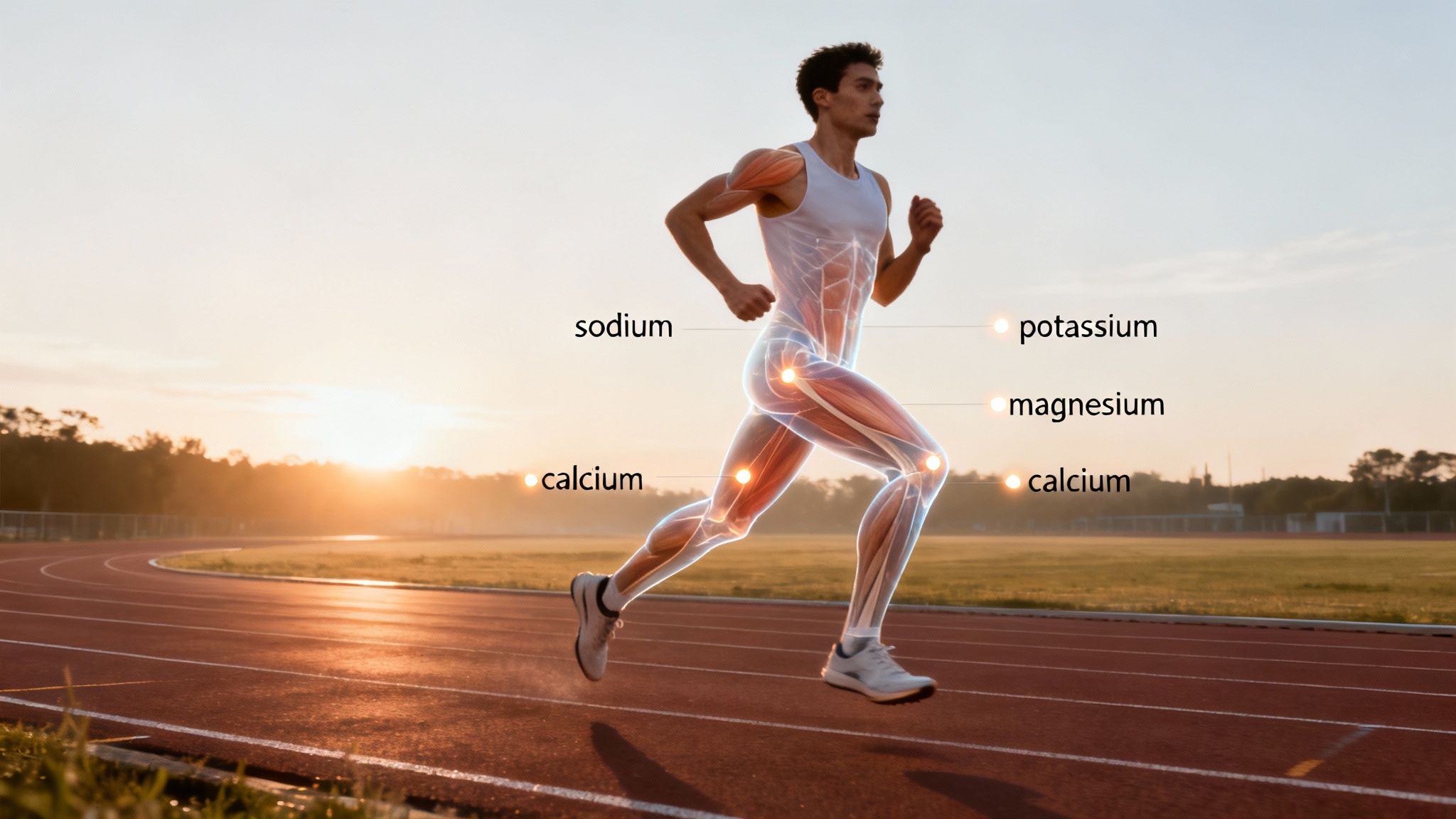 An anatomical illustration of a male runner on a track, highlighting electrolytes like sodium, potassium, magnesium, and calcium.